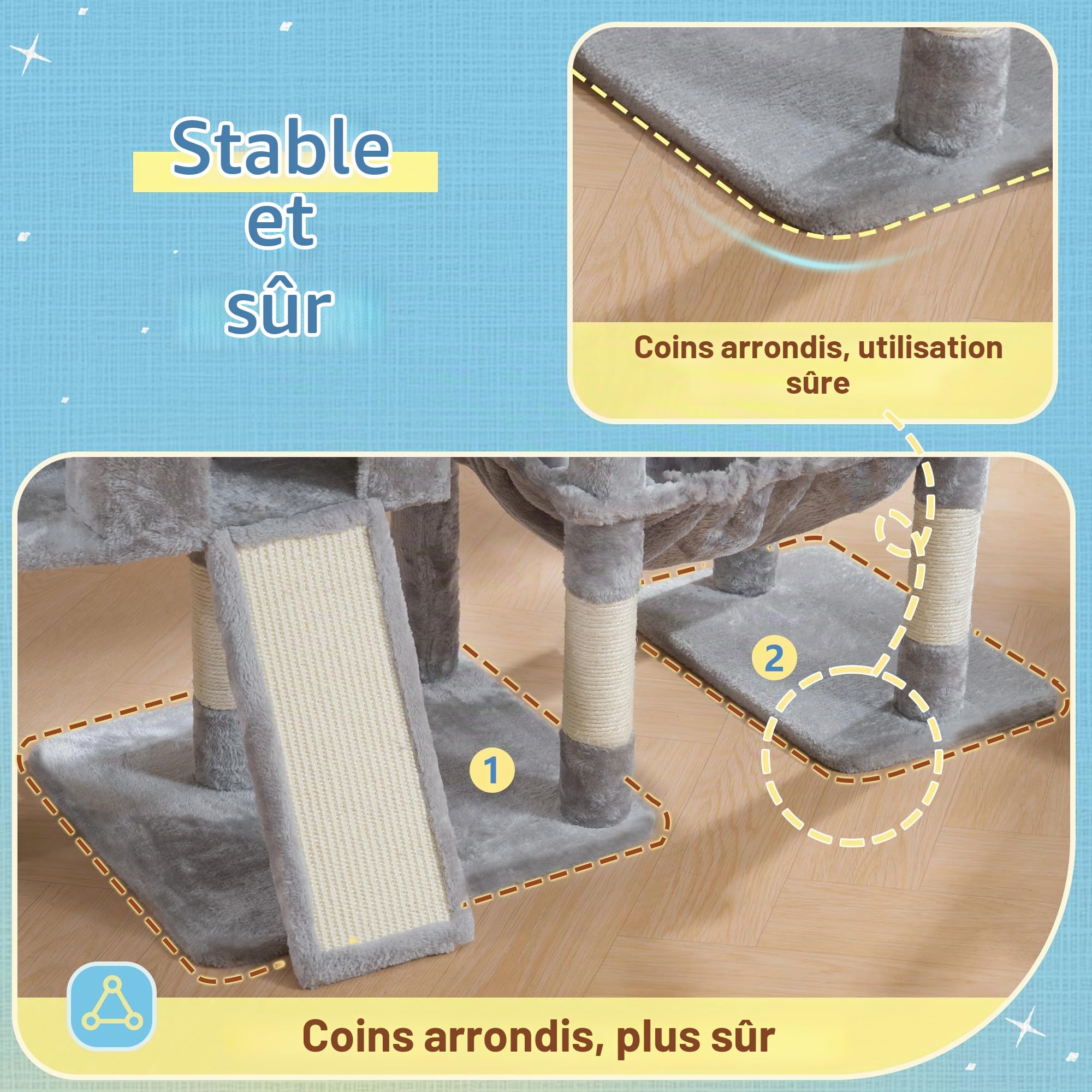 Hey-brother Arbre à Chat, Tour de Jeu pour Chats en escaliers, adapté aux Grands Chats, avec 3 nichoirs, Grand hamac, Plateforme supérieure et griffoir en sisal, Gris Clair MPJ081W