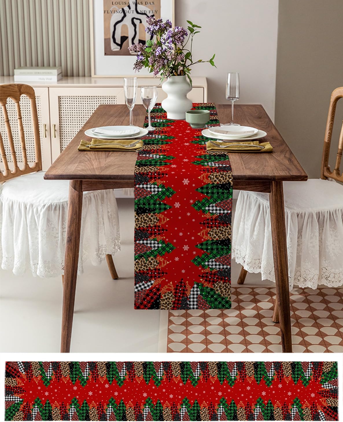 Christmas Table Runner 13x120 Inches Long Green Red Buffalo Plaid Runner for Table Xmas Tree Snowflake Table Runners Cotton Linen Dresser Scarf for Kitchen Coffee Dining Xmas Holiday Party Decor