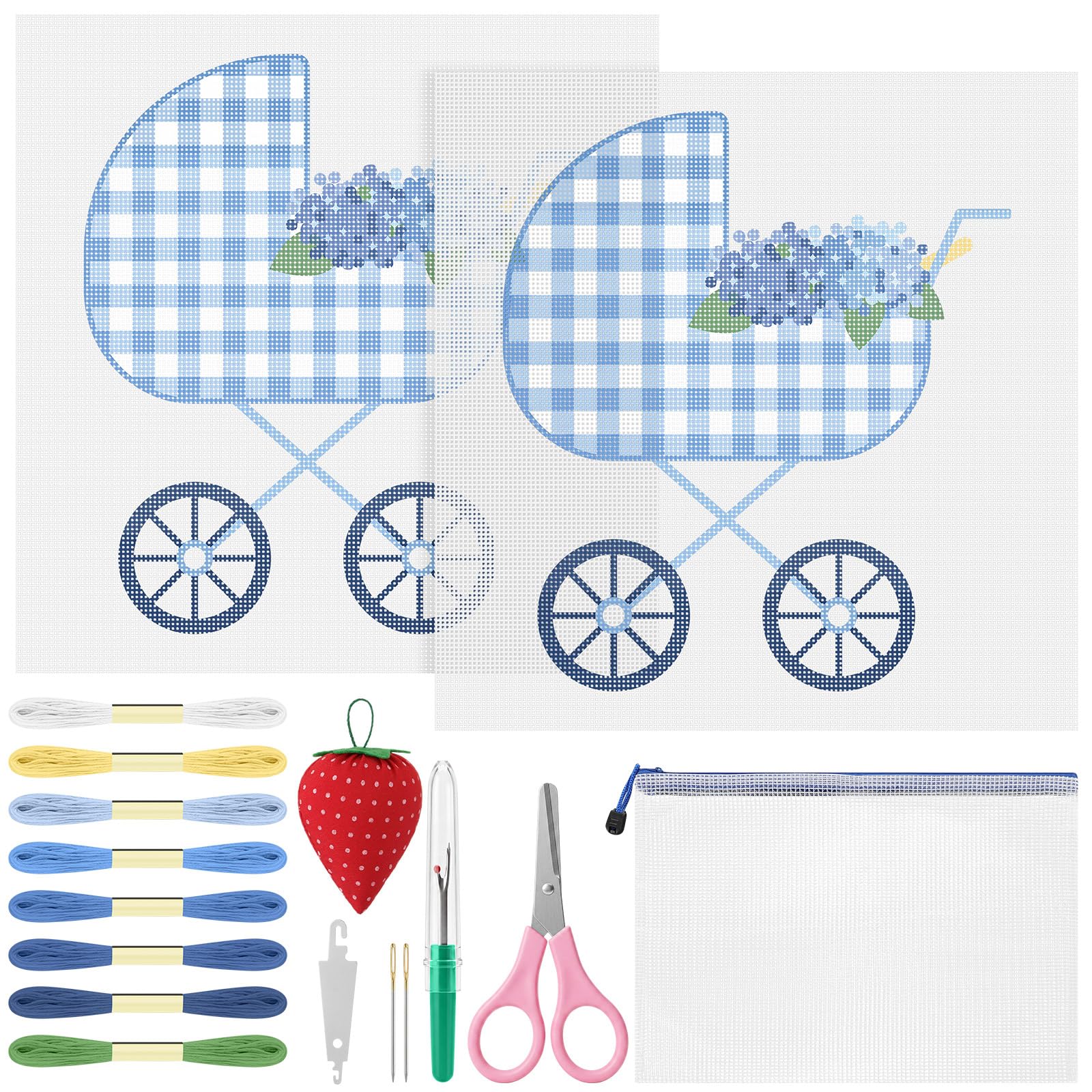 XunYee 26 Pcs Blue Hydrangea Baby Carriage Needlepoint Kit for Beginners