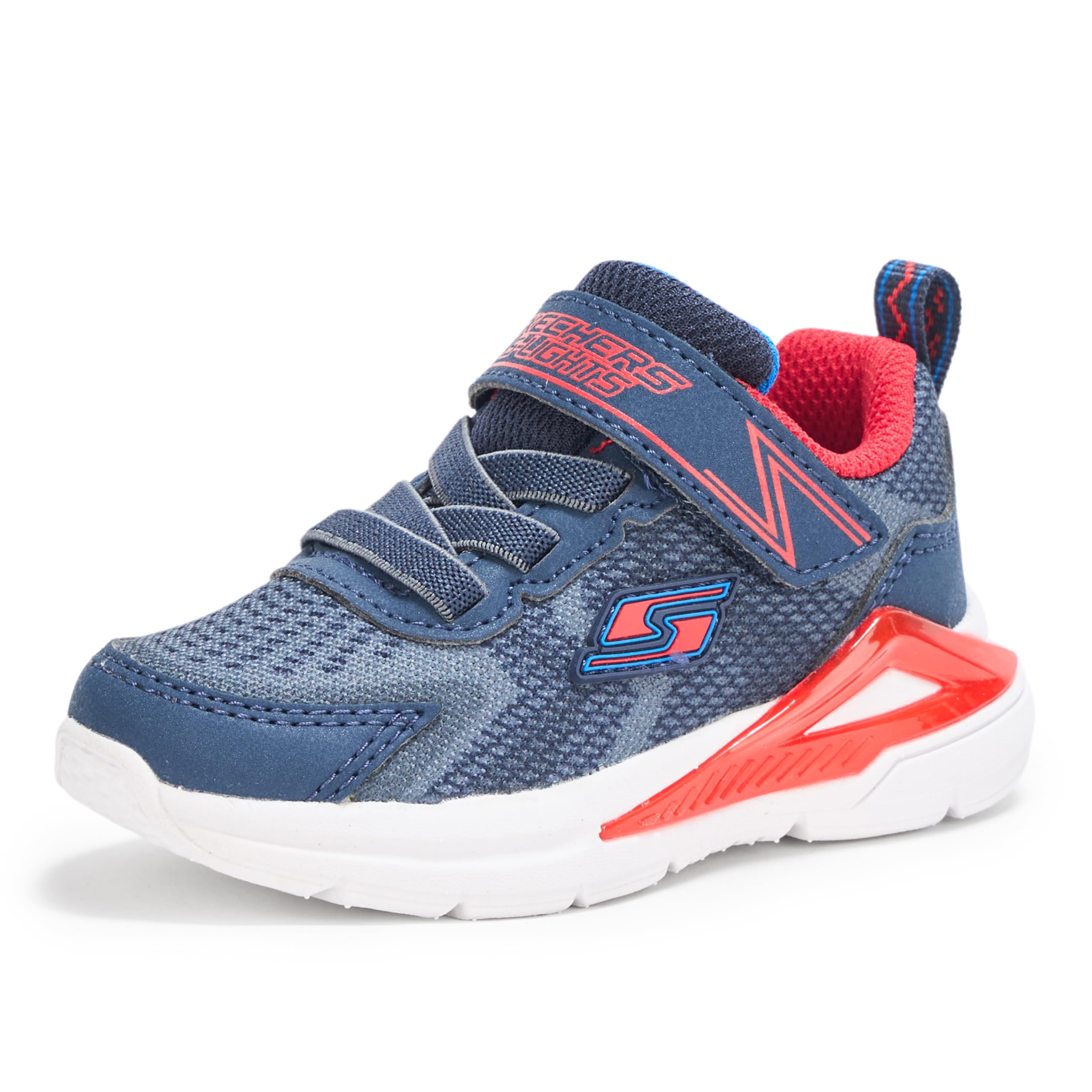 Skechers Boy's Microspec Max Brisk-Stripe Slip-in Trainers, Navy Textile/Synthetic/Blue & Orange Trim, 3 UK Child