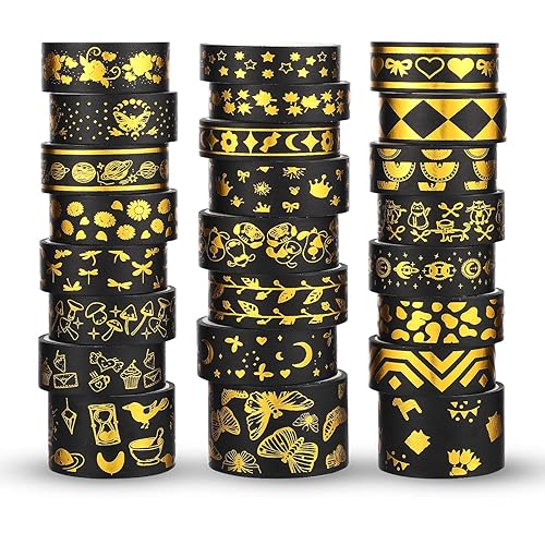 Juego de 24 cintas washi negras y doradas, cinta adhesiva decorativa de lámina dorada negra, cinta adhesiva decorativa para álbumes de recortes,