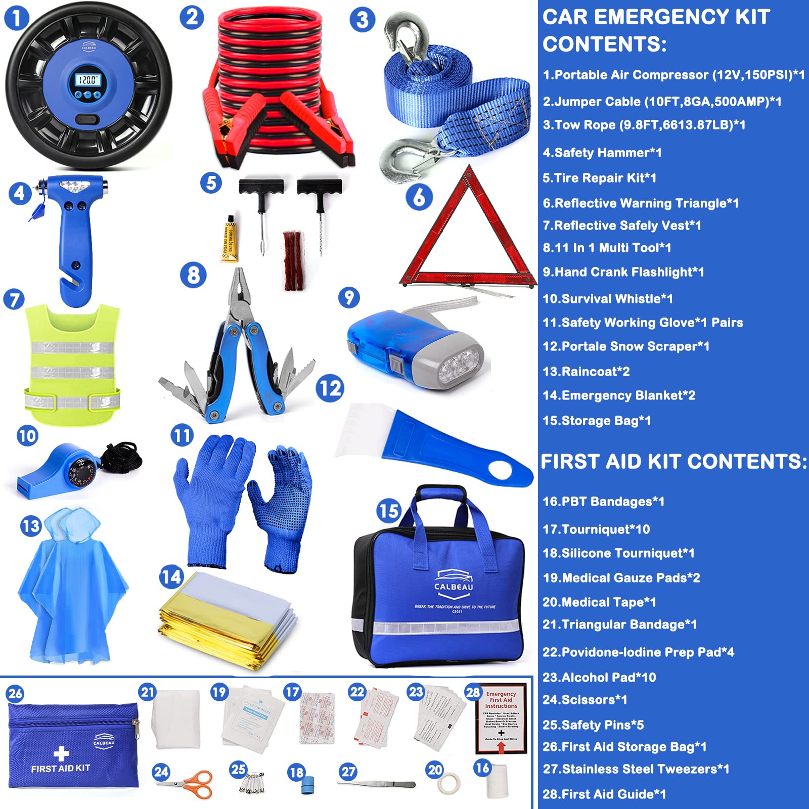 Car Emergency Kit, Emergency Roadside Car Safety Kit with Air Compressor, 10FT Jumper Cable, First Aid Kit, Tow Strap, Safety Hammer, Whistle, Flashlight for Women, Men, Teenager