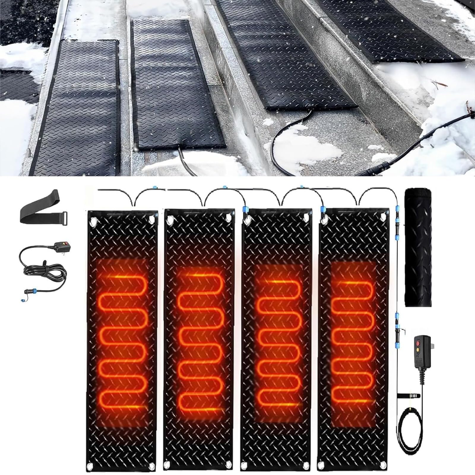 Zewnętrzne podgrzewane maty topiące śnieg - antypoślizgowe gumowe maty grzewcze do bezpiecznych podjazdów i chodników w zimie(40x80cmx4Pcs)