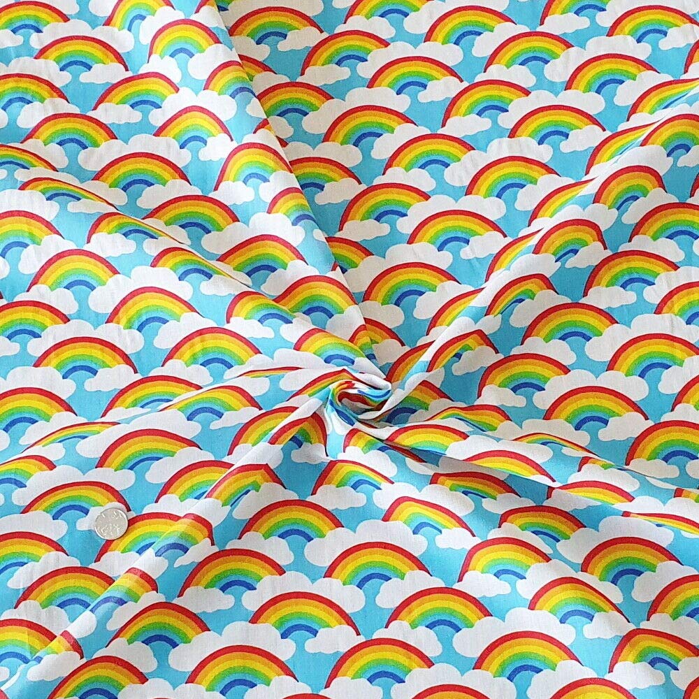1 Metre – P/C Turquoise Rainbows Korean Soft Touch Polycotton Bright Rainbows & Clouds in The Sky Pride Dressmaking Patchwork Fabric Material 112cm / 44” Width