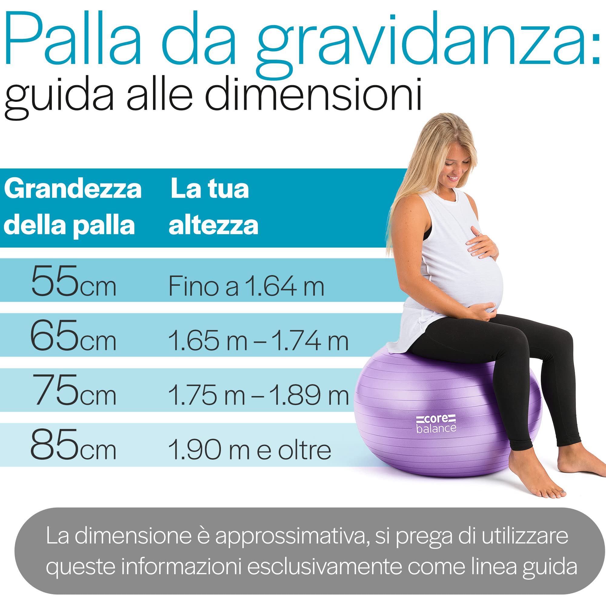 Core Balance Palla Gravidanza antiscoppio per preparazione al parto ed esercizi prenatali – Swiss Ball con pompa ad aria – Pallone da gravidanza – Pallone Pilates (viola)