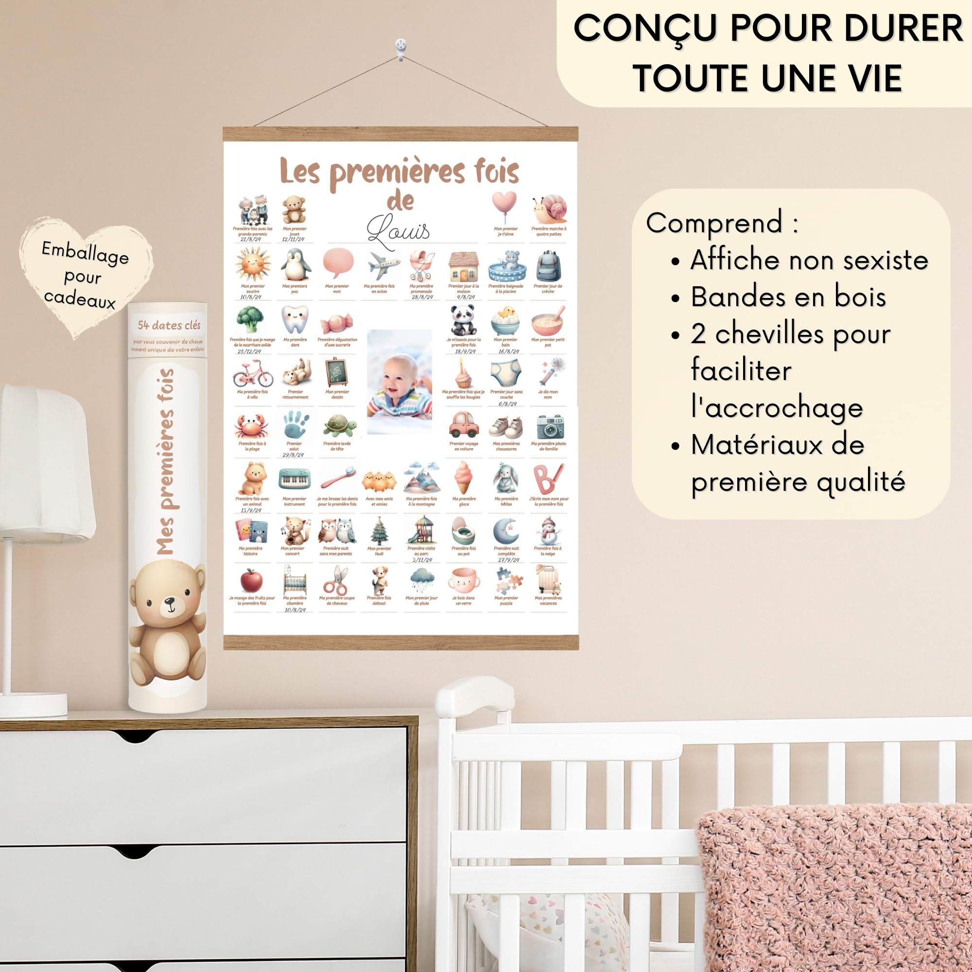HuBorns - Affiche Mes Premieres Fois Bebe pour Rappeler des Étapes Importantes, Tableau Mes Premières Fois Bébé à Personnaliser, Inclus Bandes Bois pour Accrocher, Parfait comme Cadeau Bebe Naissance