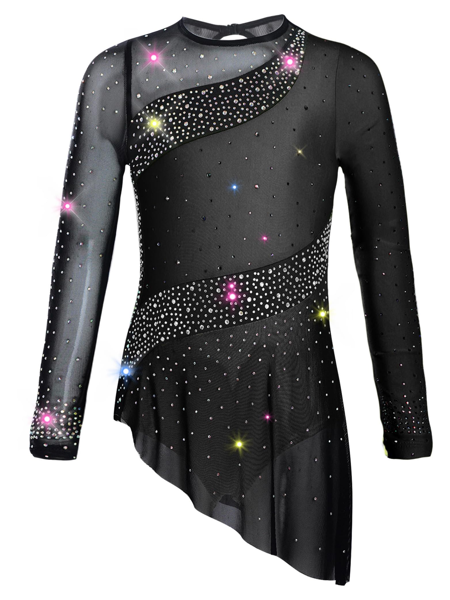 Fille Robe Patinage Artistique Asymétrique Strass Scintillante Tenue Danse sur Glace Justaucorps Gymnastique Danse Manches Longues Costume