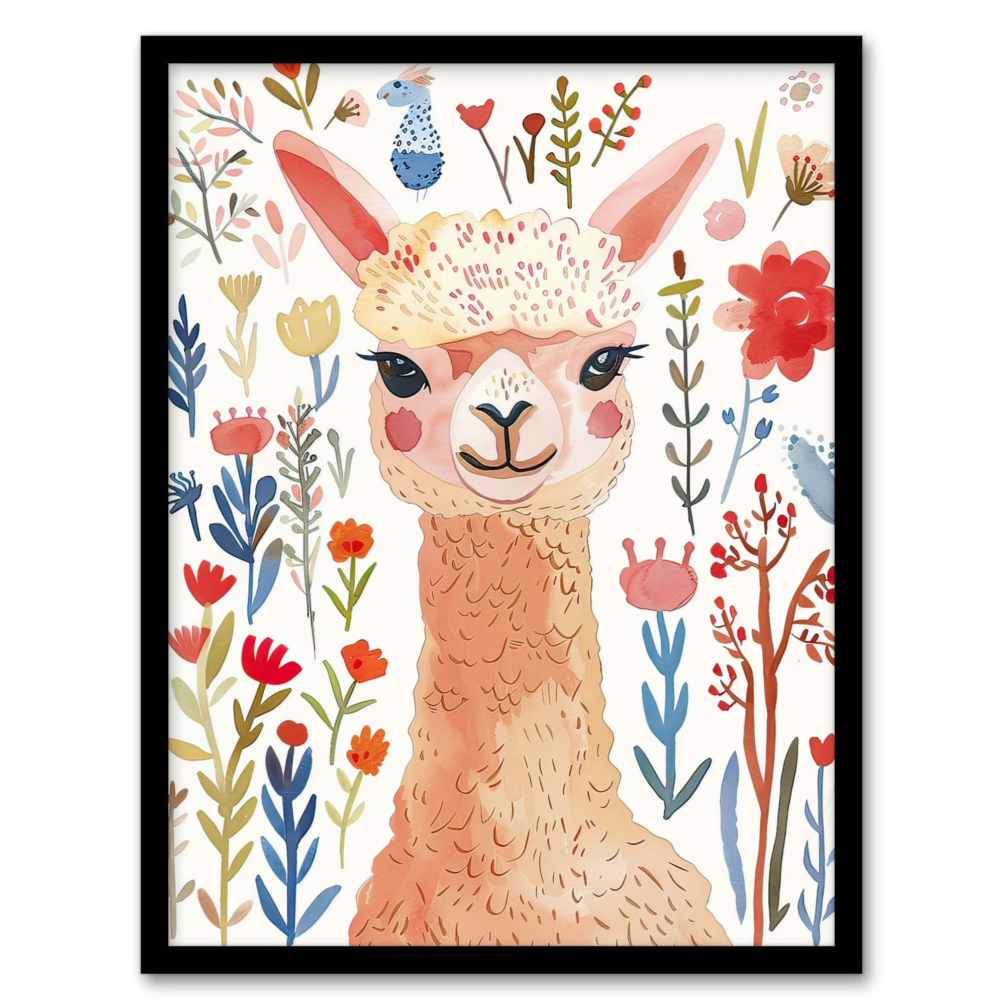 Artery8 Cute Happy Alpaca Bright Floral Watercolour Kids Bedroom Nursery Artwork Framed Wall Art Print A4