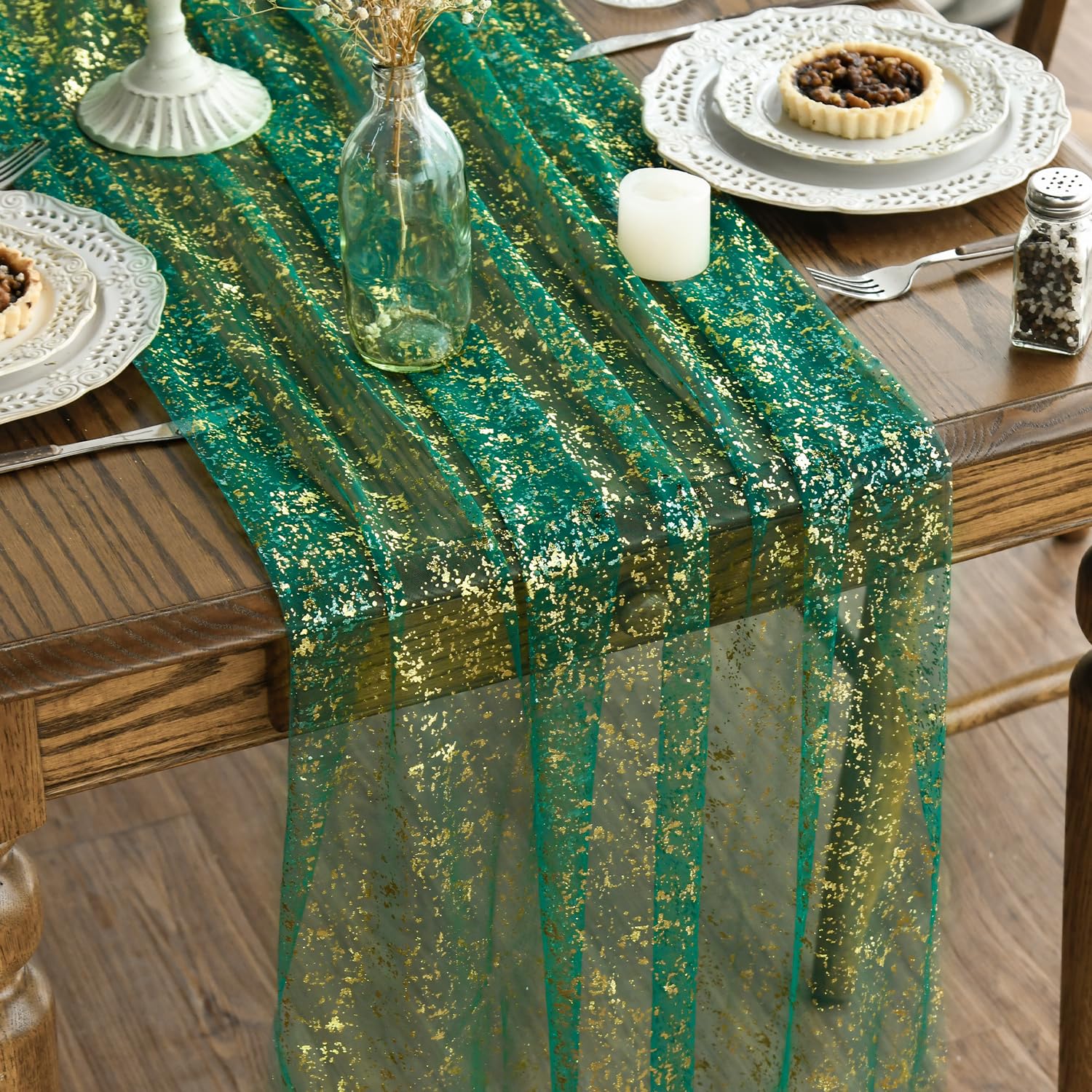 Artoid Mode Green Gold Gauze Table Runner 120 Inch 10FT, Glitter Metallic Foil Sheer Dining Wedding Anniversary Holiday Table Decor for Home Party