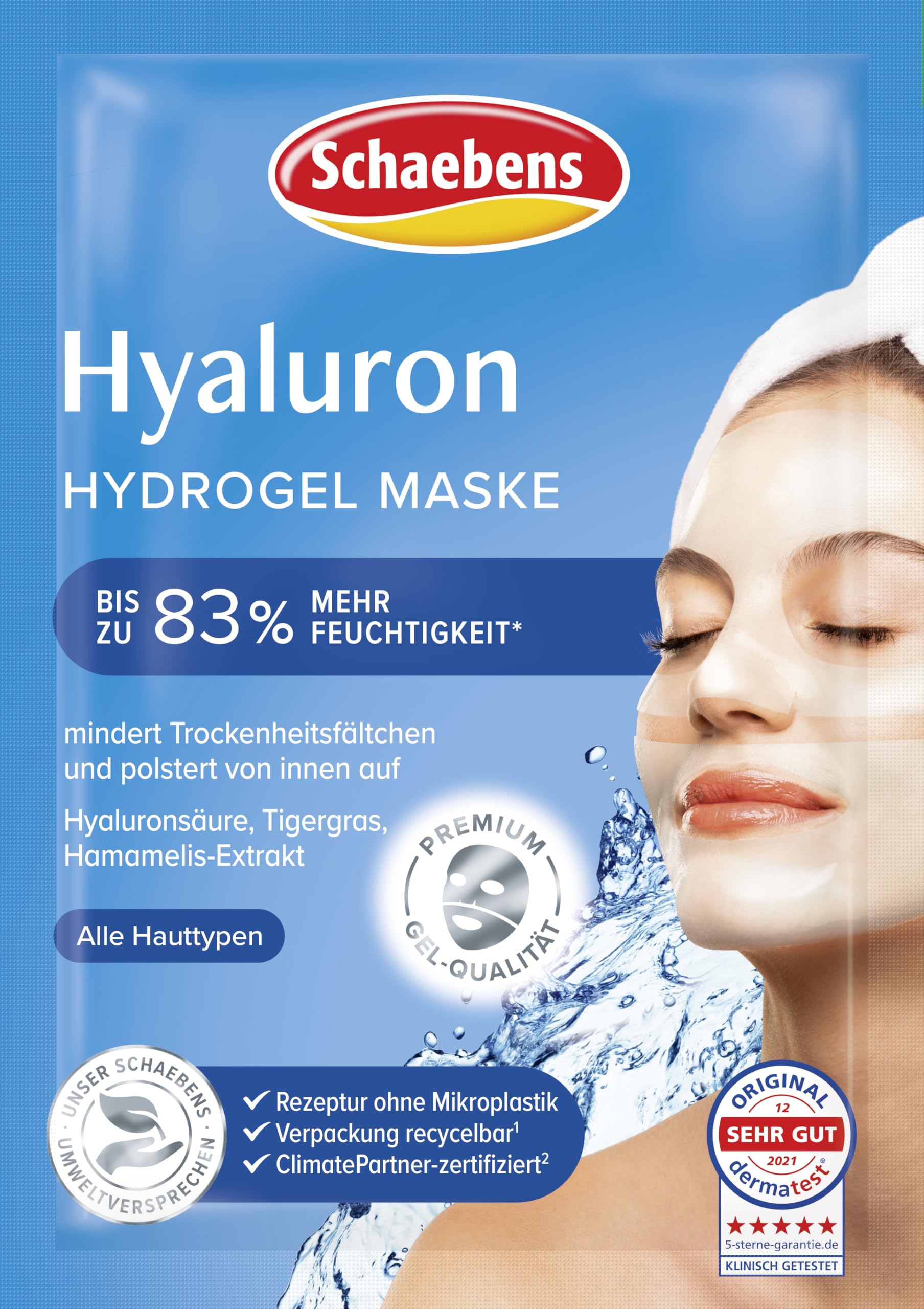 Schaebens Hyaluronic Hydrogel Mask - Mega Booster provides intensive moisture and cushions With hyaluronic acid, tiger grass and panthenol for all skin types.