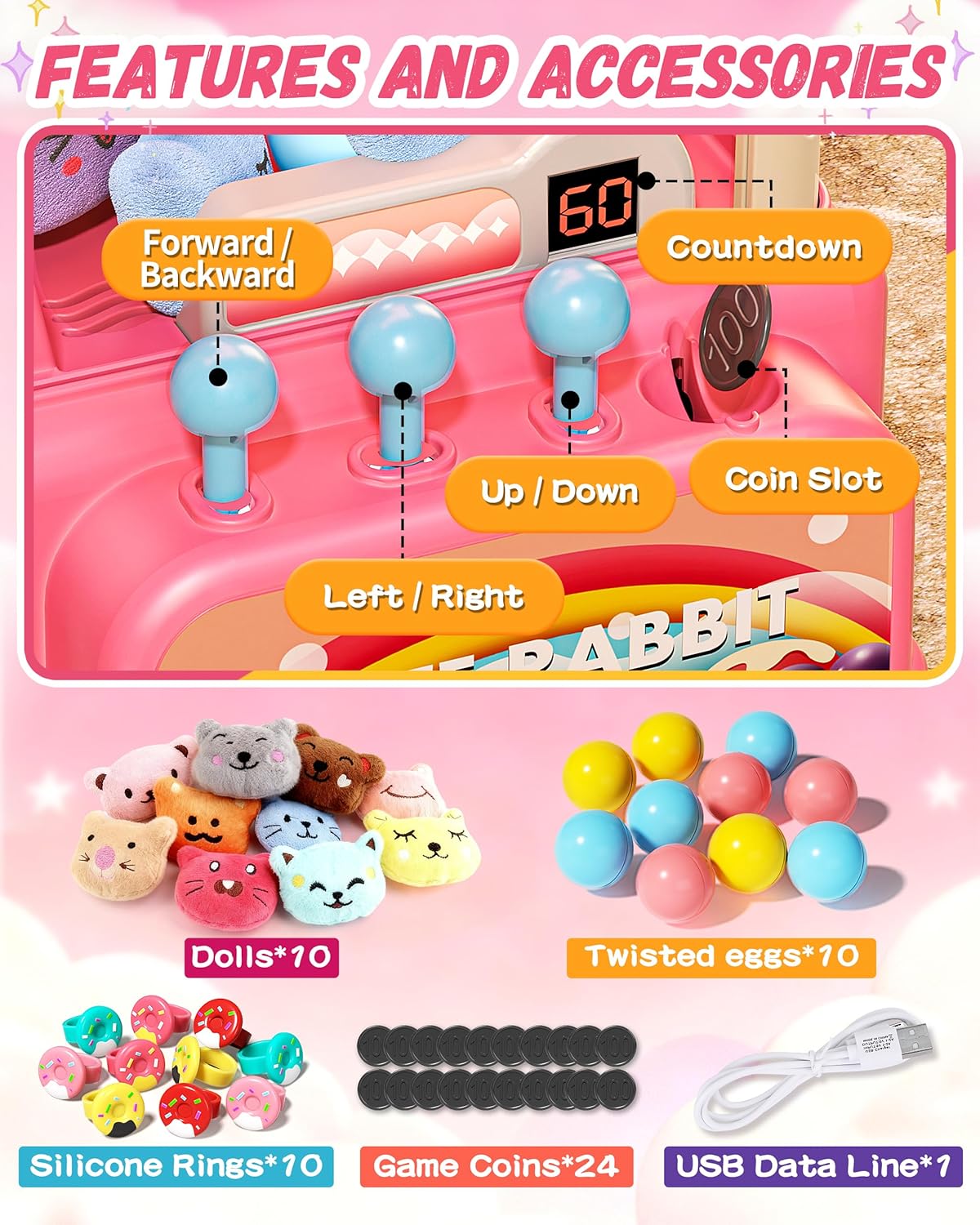 Eohemeral Large Rabbit Claw Machine for Kids, No Assembly Required - Vending Machine with Volume Control & Music, Toy Prize Dispenser - Birthday Gift for Boys & Girls Age 3 4 5 6 8
