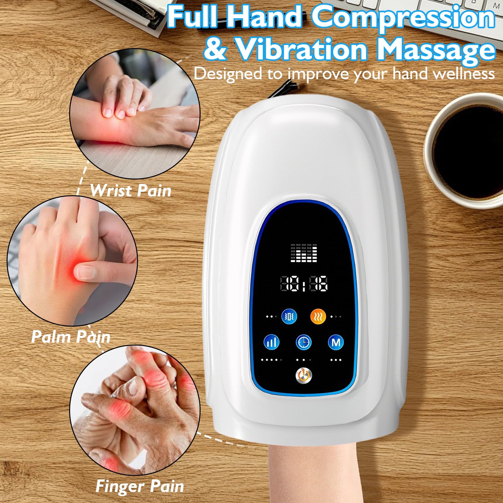 Masseur Électrique pour les Mains, Masseur Électrique avec Chaleur et Compression, Masseur de Main avec 3 Modes et 5 Niveaux Réglables, Cadeaux pour la Famille, Blanc