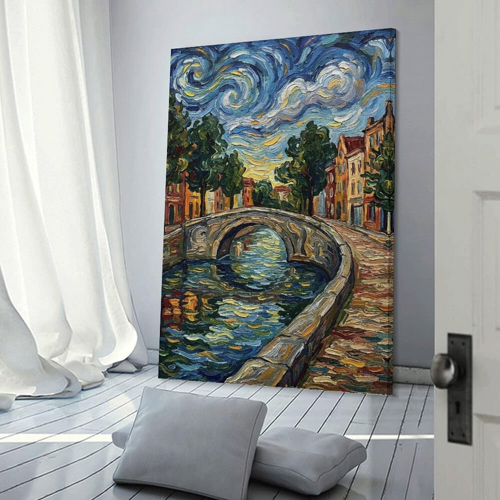 Junmoney Impressionist Canal Bridge at Sunset Wall Art Print, 20x30inch(50x75cm), for Front Hall, Corridor Or Welcome Spaces, Wall Decor to Refresh Empty Corners