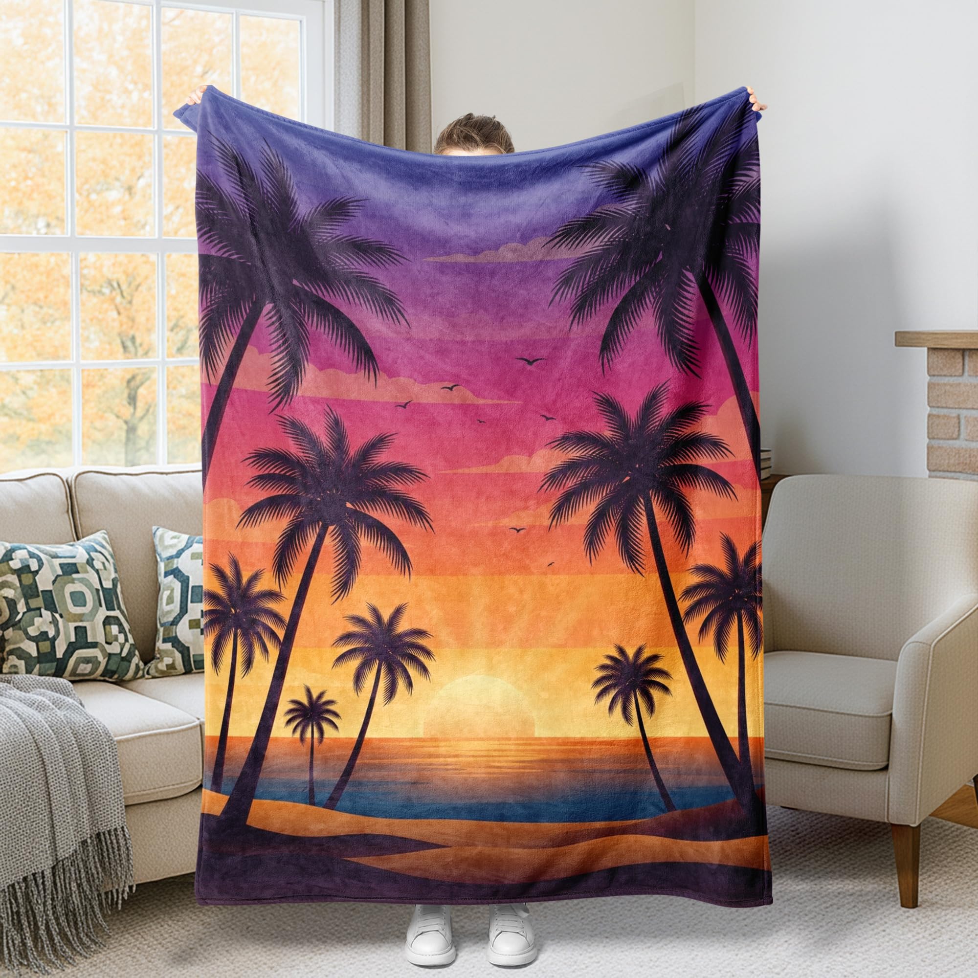 Couverture océan et palmiers 150x200 cm plaid idéal pour vos soirées cocooning sur le canapé
