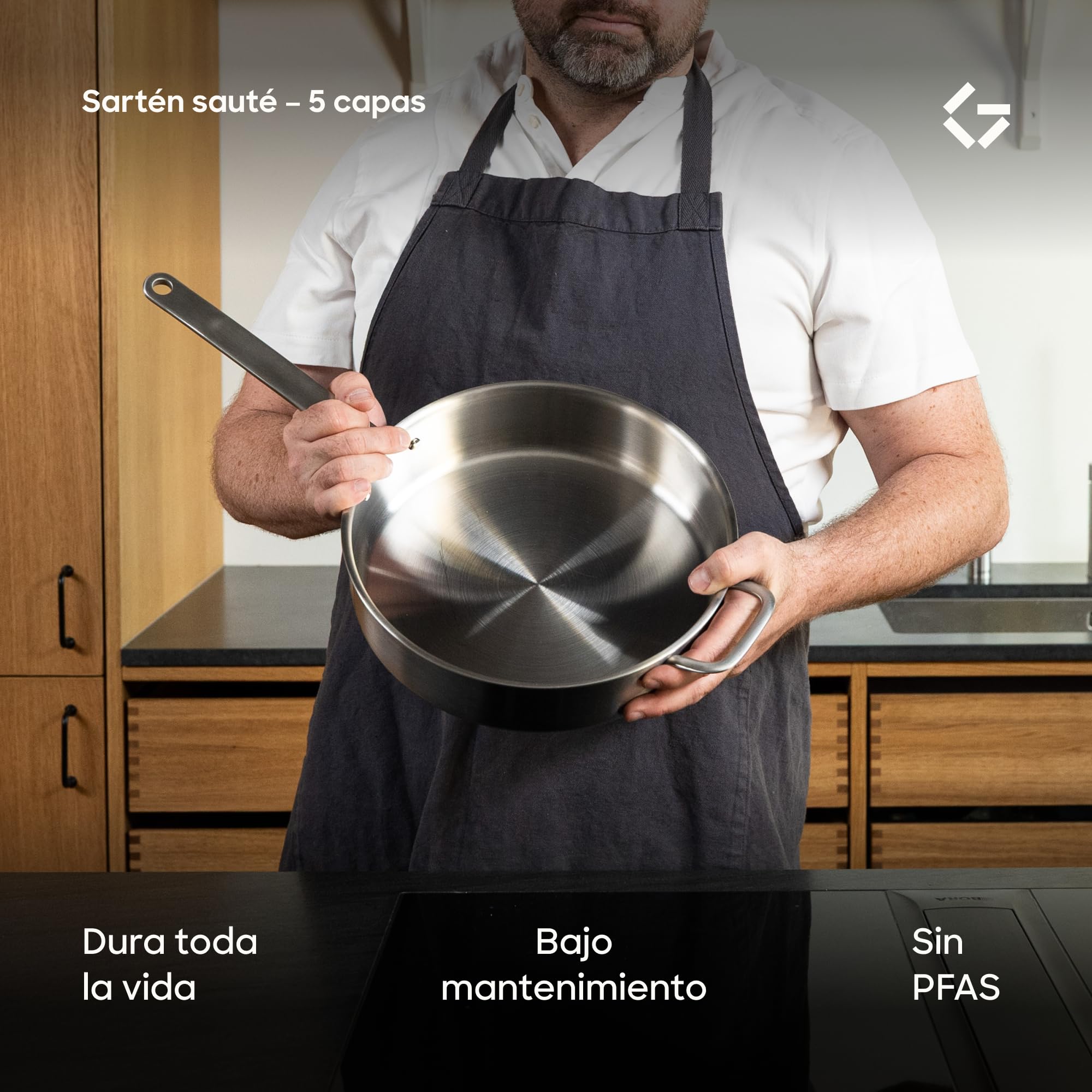 Gastrotools Sartén de acero inoxidable de 28 cm con tapa, sartén de acero inoxidable de 5 capas, sartén universal con asa CoolGrip, libre de PFAS, apta para todo tipo de cocinas