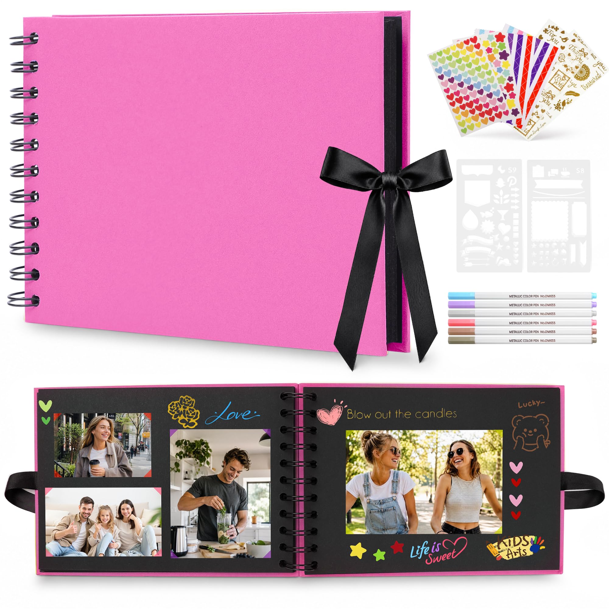 DazSpirit A5 Scrapbook Photo Album, 20 Sheets / 40 Black Pages DIY Memory Book with 6 Metallic Pens & 8 Photo Stickers, Small Scrap Book for Wedding, Anniversary, Travel, Birthday and Baby Memories