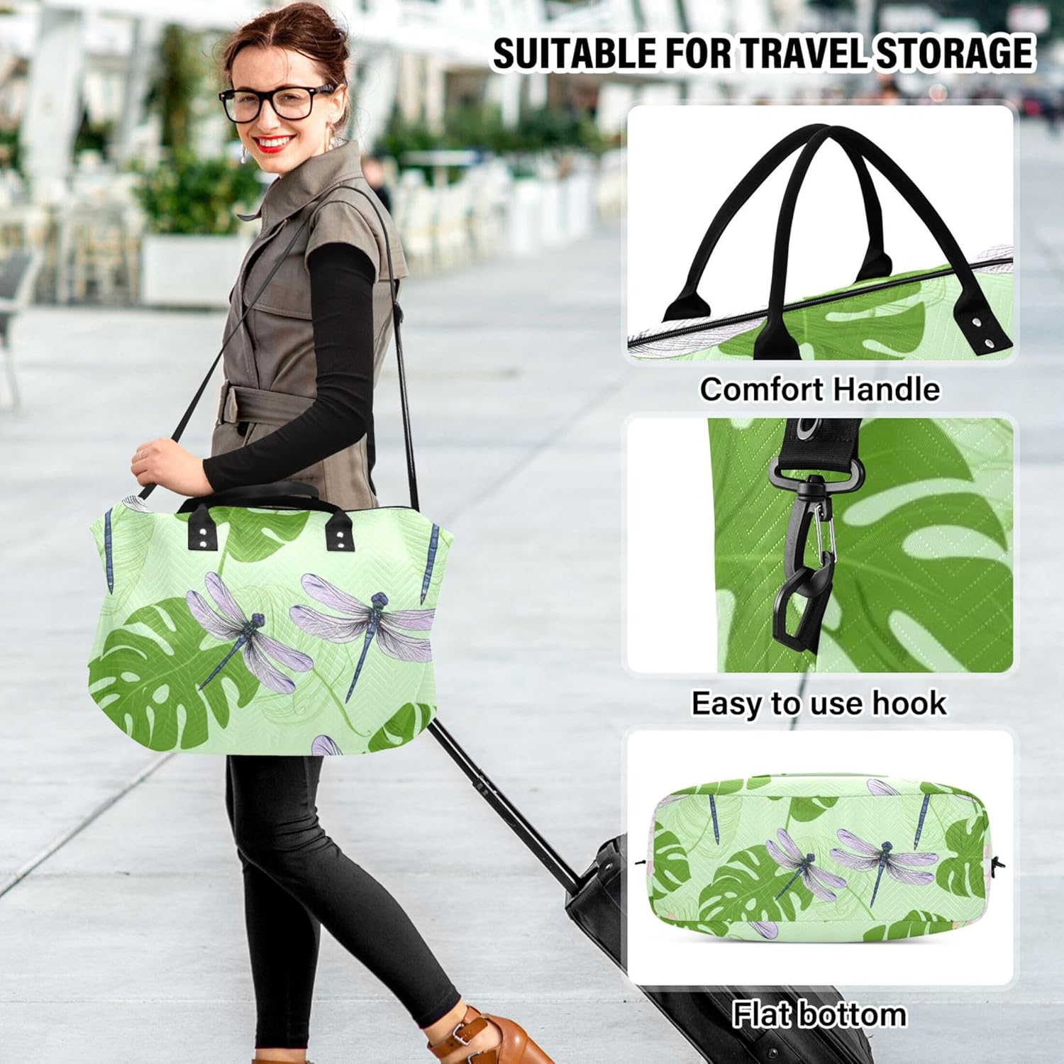 トンボ グリーン リーフ フローラル ダッフルバッグ トラベル&amp;メイクポーチ 2個セット、パステル レディース ラゲッジセッ