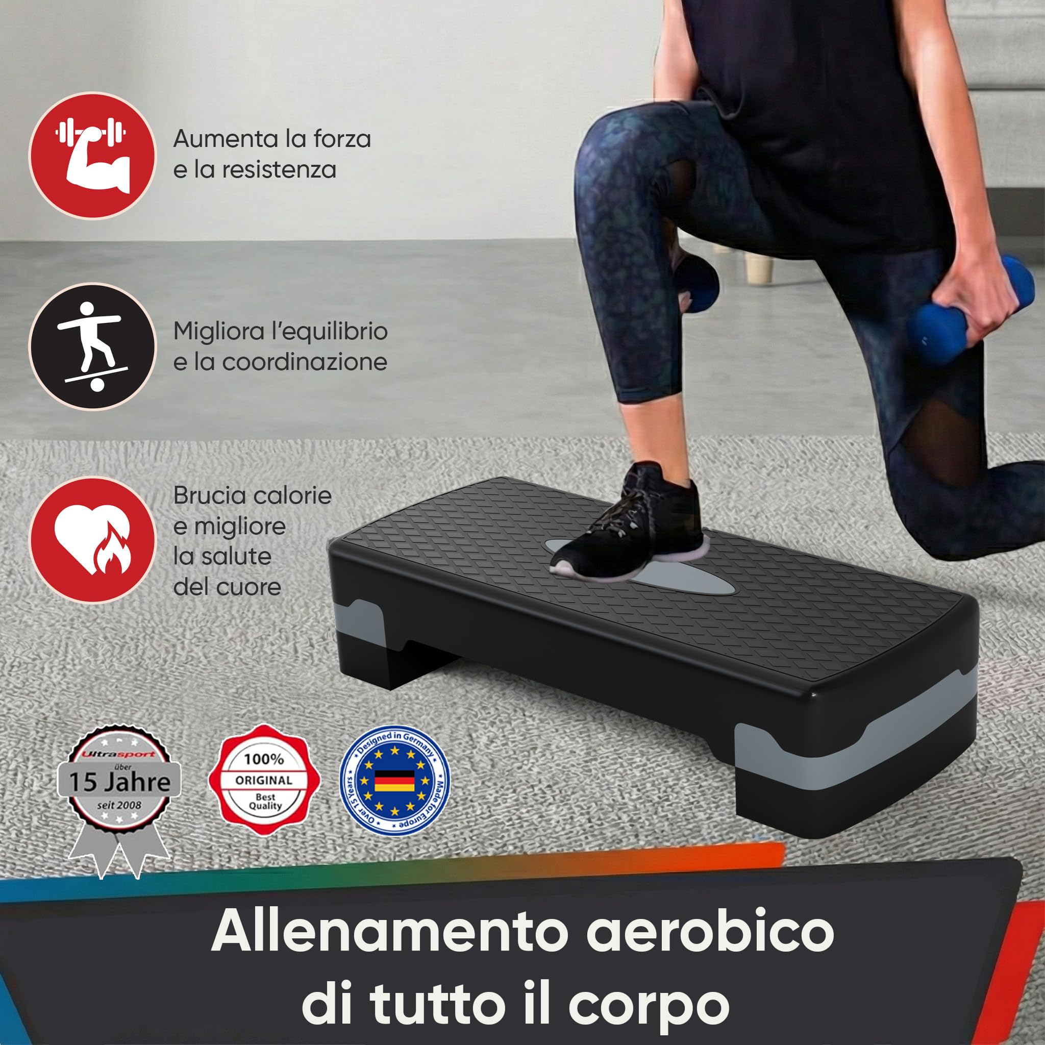 Ultrasport Step Fitness Stepper Aerobica Antiscivolo Regolabile 2 Altezze Stepboard 68x28 cm Grigio