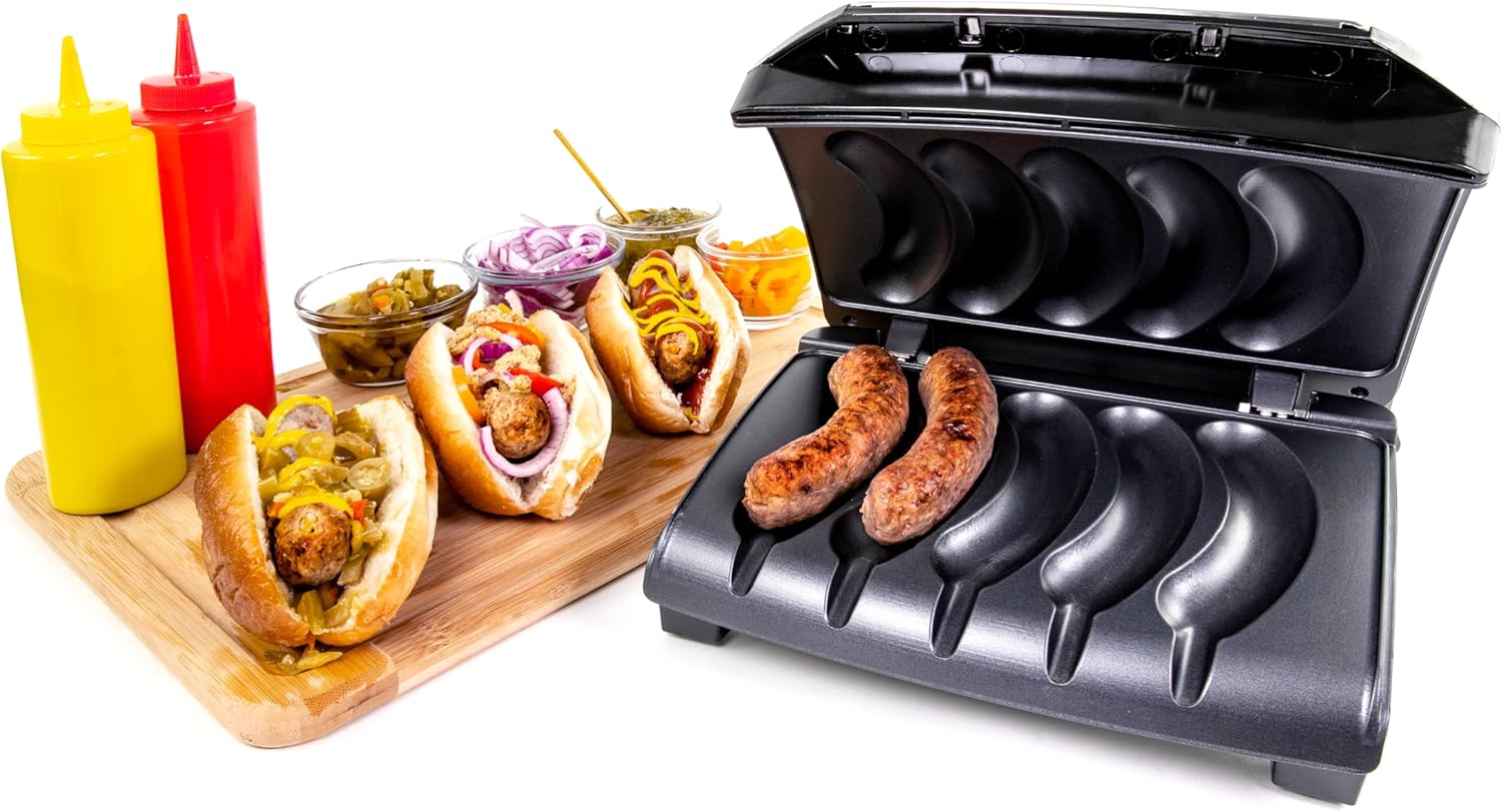 Homecraft Electric Sausage & Brat Grill with Oil Drip Tray, Carry Handle, and Cord Storage, up to 5 Links of Beef, Turkey, Chicken, Veggie Sausages, or Hot Dogs Homecraft Electric Sausage & Brat Grill with Oil Drip Tray, Carry Handle, and Cord Storage, up to 5 Links of Beef, Turkey, Chicken, Veggie Sausages, or Hot Dogs