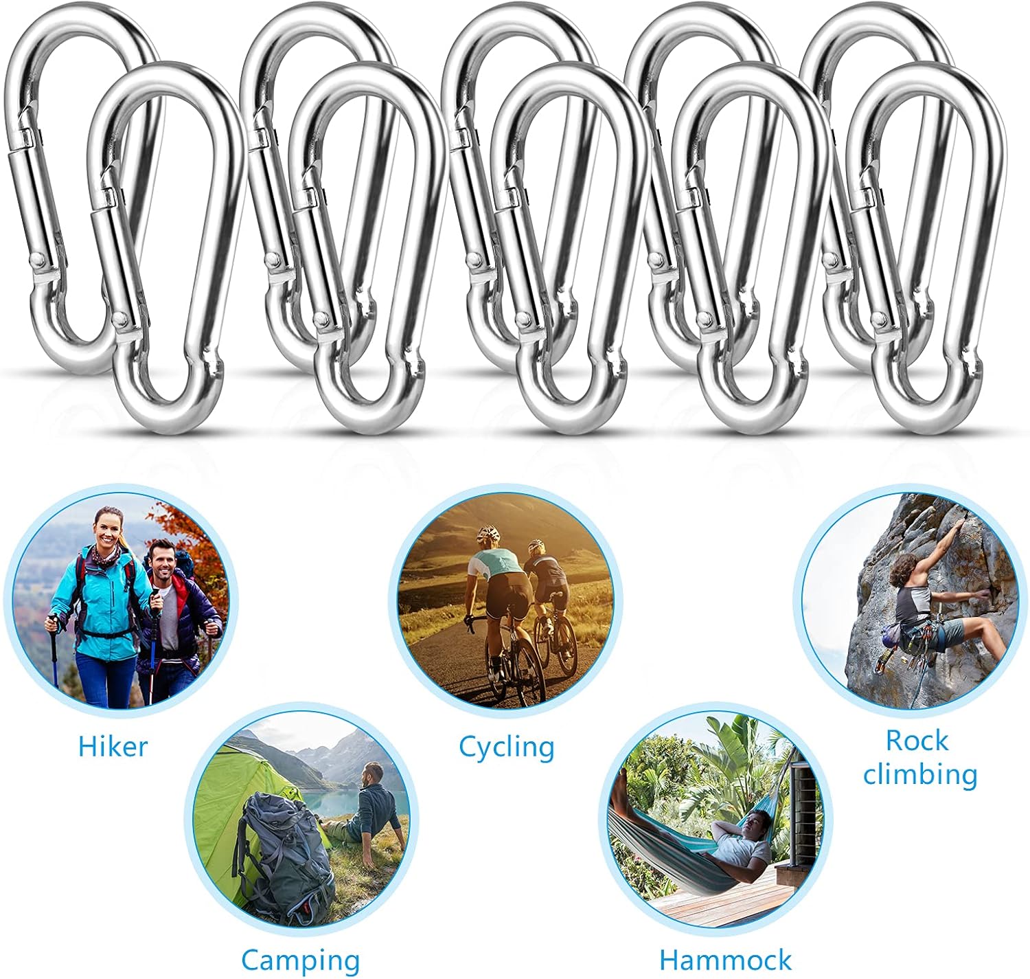 Carabiner Hook Set of 10 Carabiners with Snap Clasp M6 Stainless Steel Carabiner Hook Key Ring Carabiner Hook for Hammocks Camping Hiking Fishing - Image 3