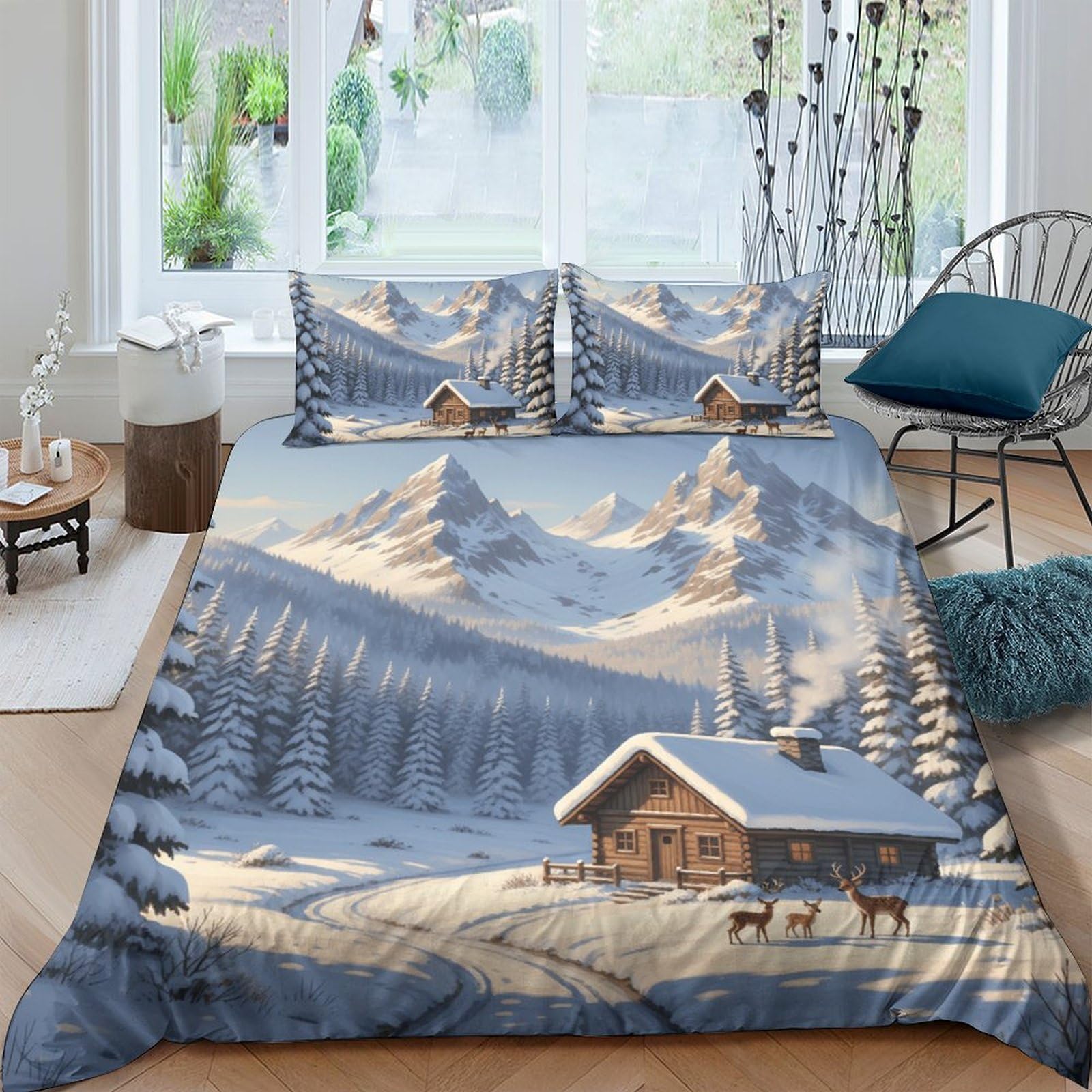 Ctjqhvkz Style-6 3D Printed Winter Snow Mountain Fitted Sheet Microfiber Soft Cabin Forest Bed Cover Bedroom Home Decor Protection Single（135X200cm）