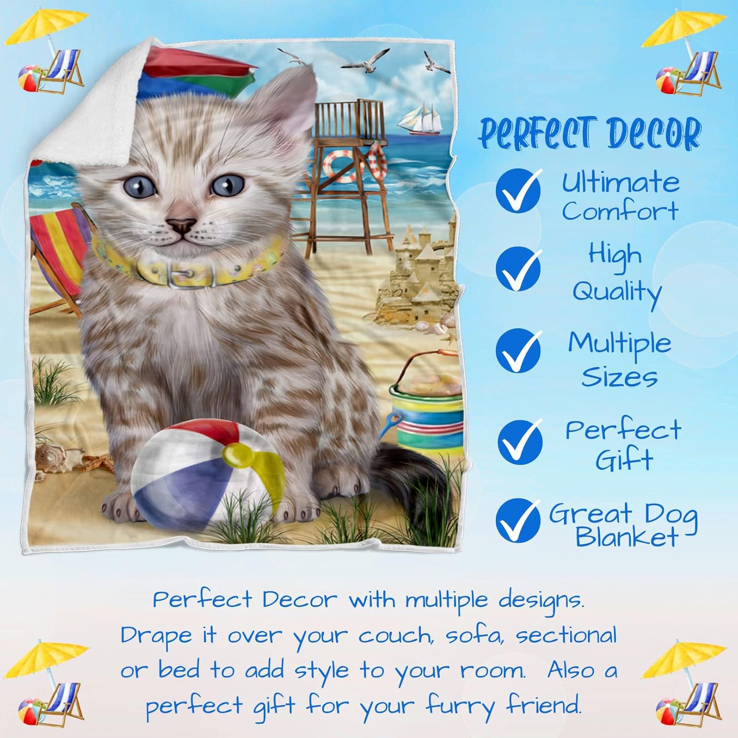 Pet Friendly Beach Bengal Cat Blanket - Lightweight Super Soft Cozy and Durable Bed Blanket - Animal Theme Fuzzy Blanket for Sofa Bed Couch BLNKT55526 (30x40 Fleece)