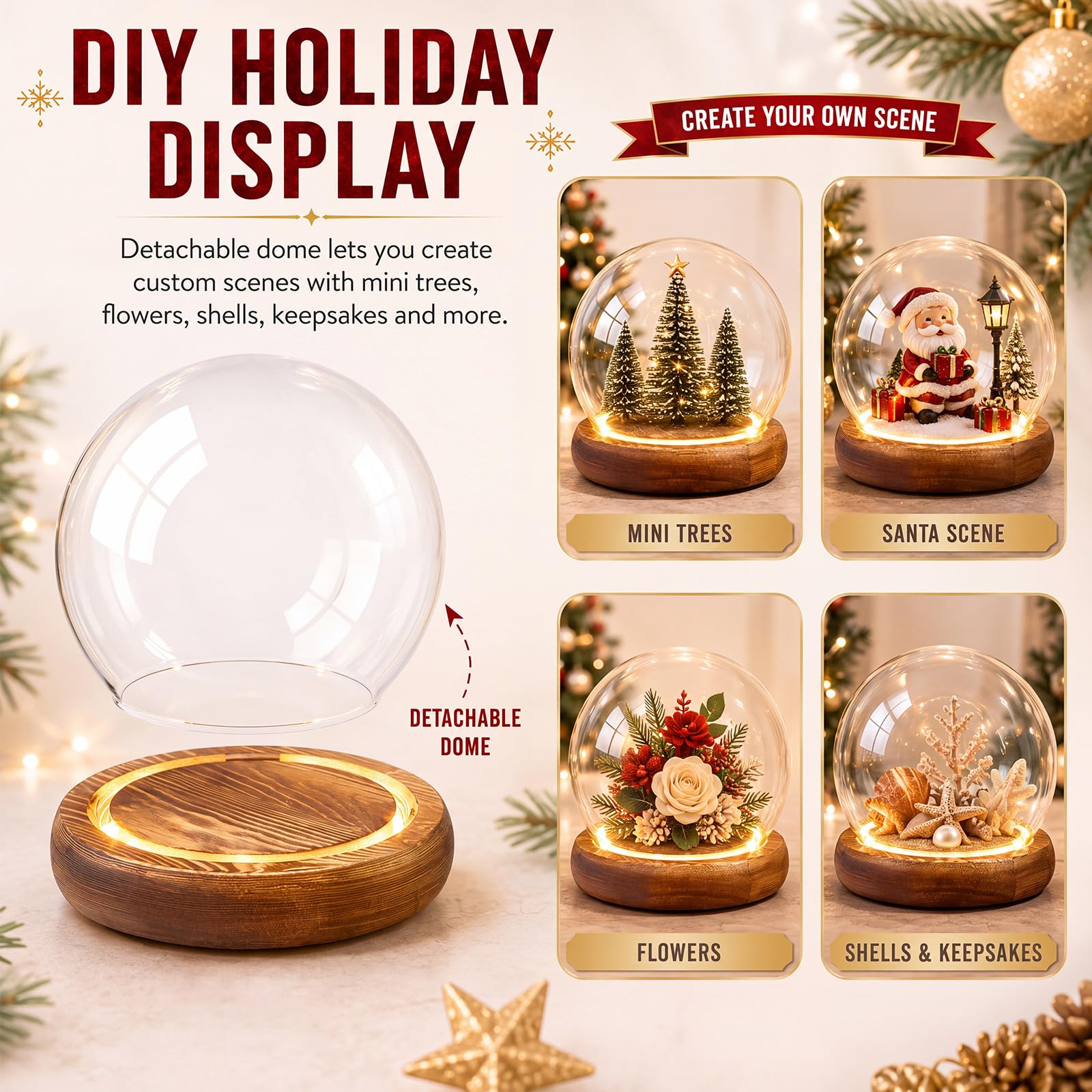 Funtery 8 pezzi di vetro a cupola di Natale trasparente fai da te con base in legno chiaro, kit decorativo per terrario per piante, terrario, decorazione per donne, regalo da tavolo (9,94 cm)