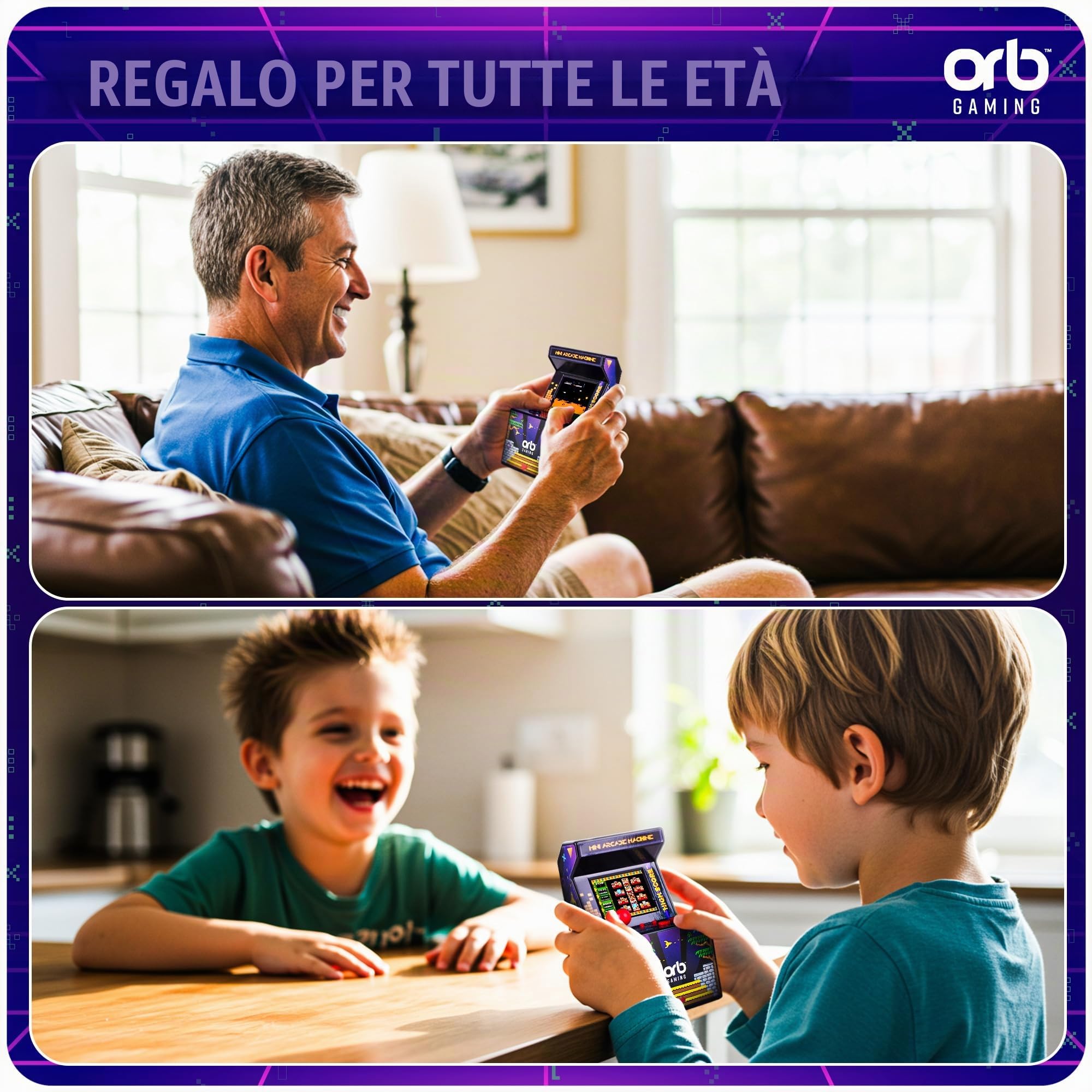 Orb - Mini Arcade Machine, 300 giochi in-built, giochi arcade retrò a 8 bit, schermo a colori da 2,5", joystick a 8 vie, 2 pulsanti, controllo del volume