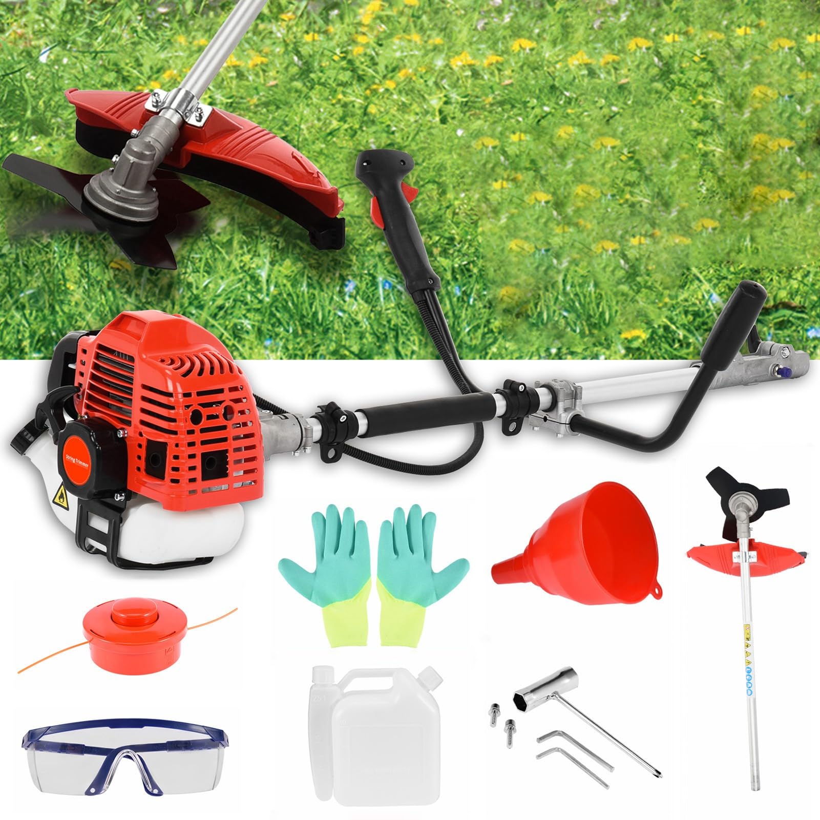 Cortasetos de árbol recto de gasolina 52 CC 2 tiempos con accesorios de protección potentes, corte de bridas totalmente funcional y cortador de hierba con espalda para paisajismo polyv