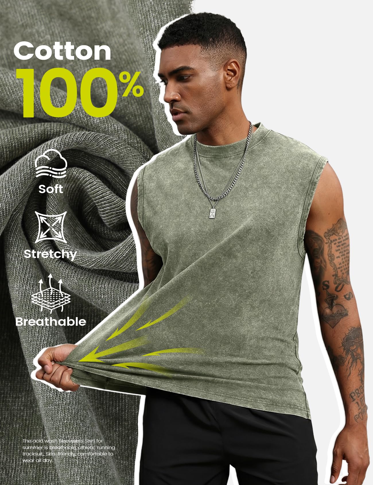 Yimoon Ärmelloses Trainingsshirt aus säuregewaschener Baumwolle für Herren