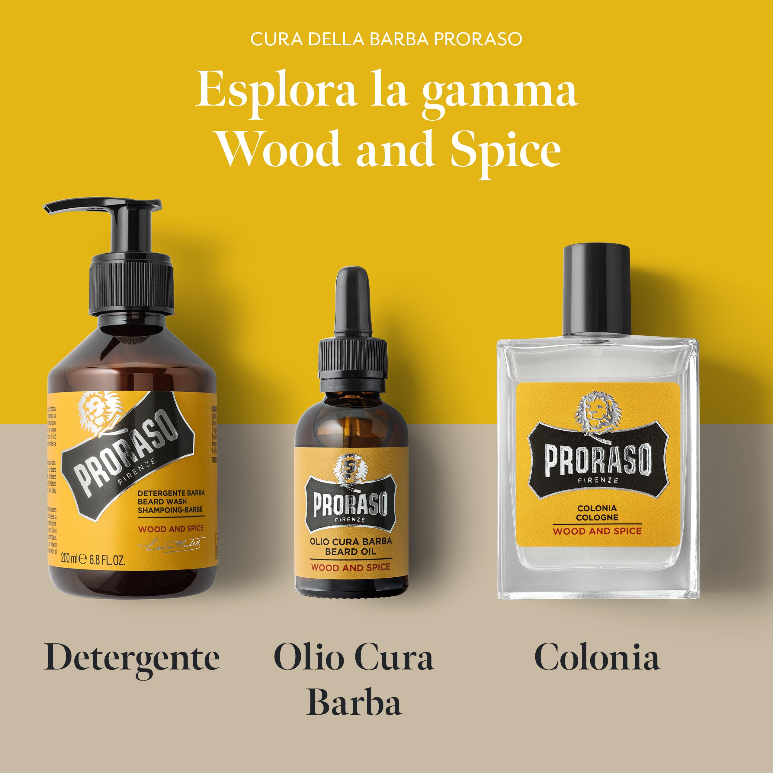 Proraso Detergente Barba Wood and Spice, 200ml, Shampoo barba detergente per uomo con azione purificante per la cura della barba, Made in Italy