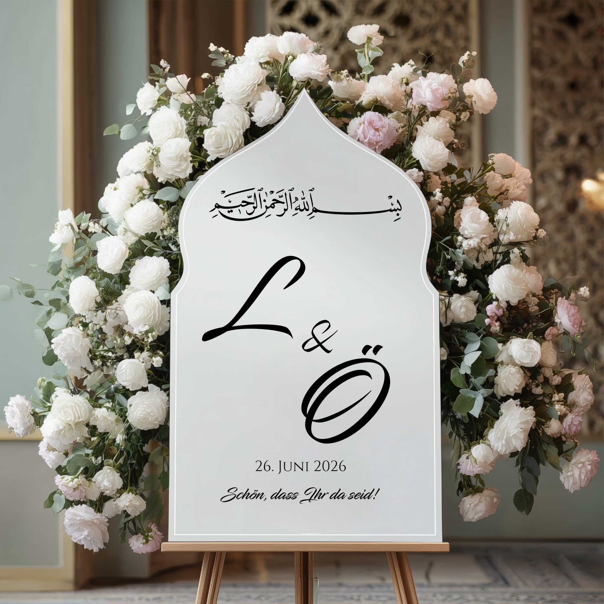 Willkommensschild Hochzeit personalisiert Acrylglas Weiß Hochglanz in arabischer Arche-Form – elegante Deko für Empfang, Party & Events – Made in Germany