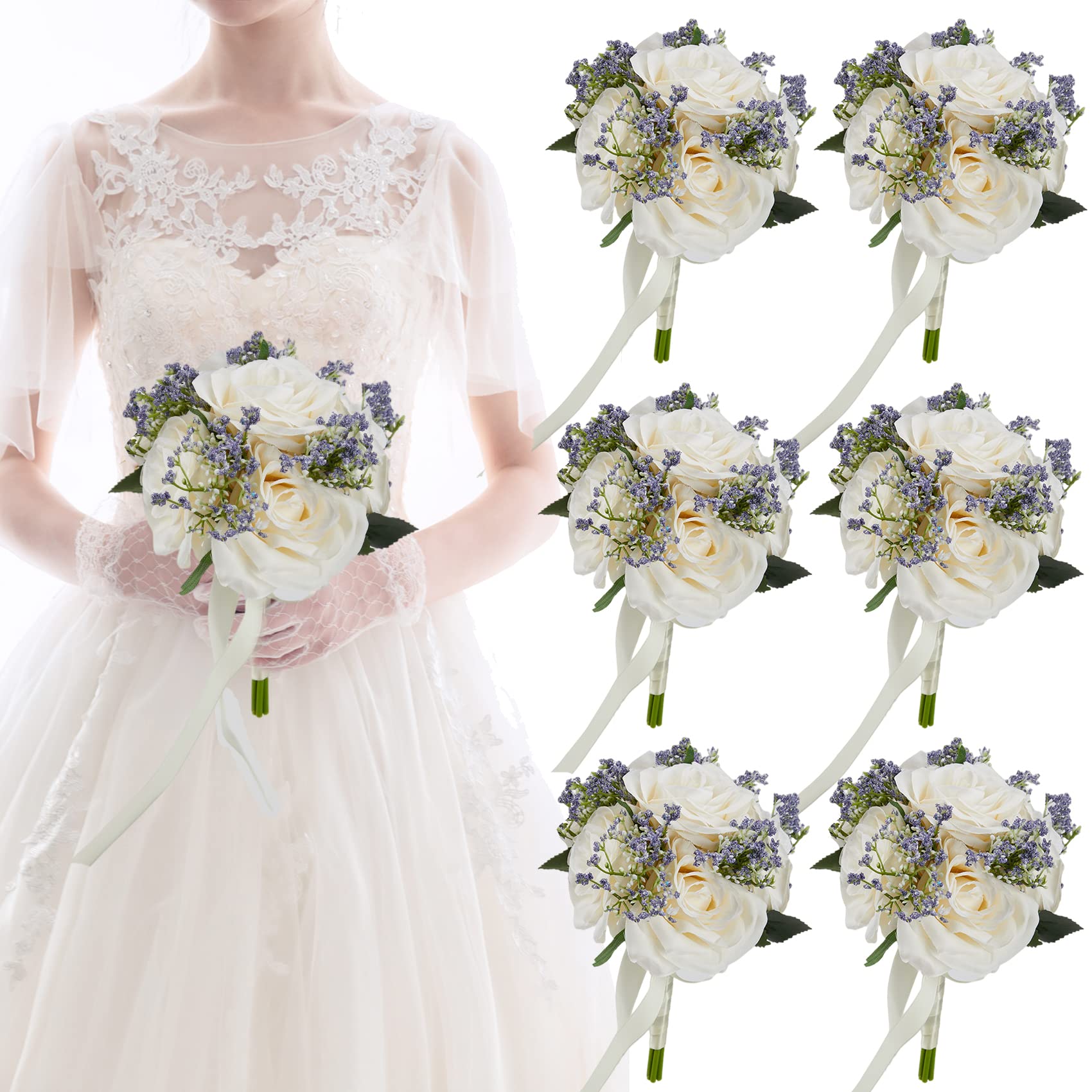 Meldel Bouquet da sposa per damigella d'onore, set di 6, bouquet artificiale da sposa in pasta di fagioli viola finto bouquet di fiori di Gypsophila