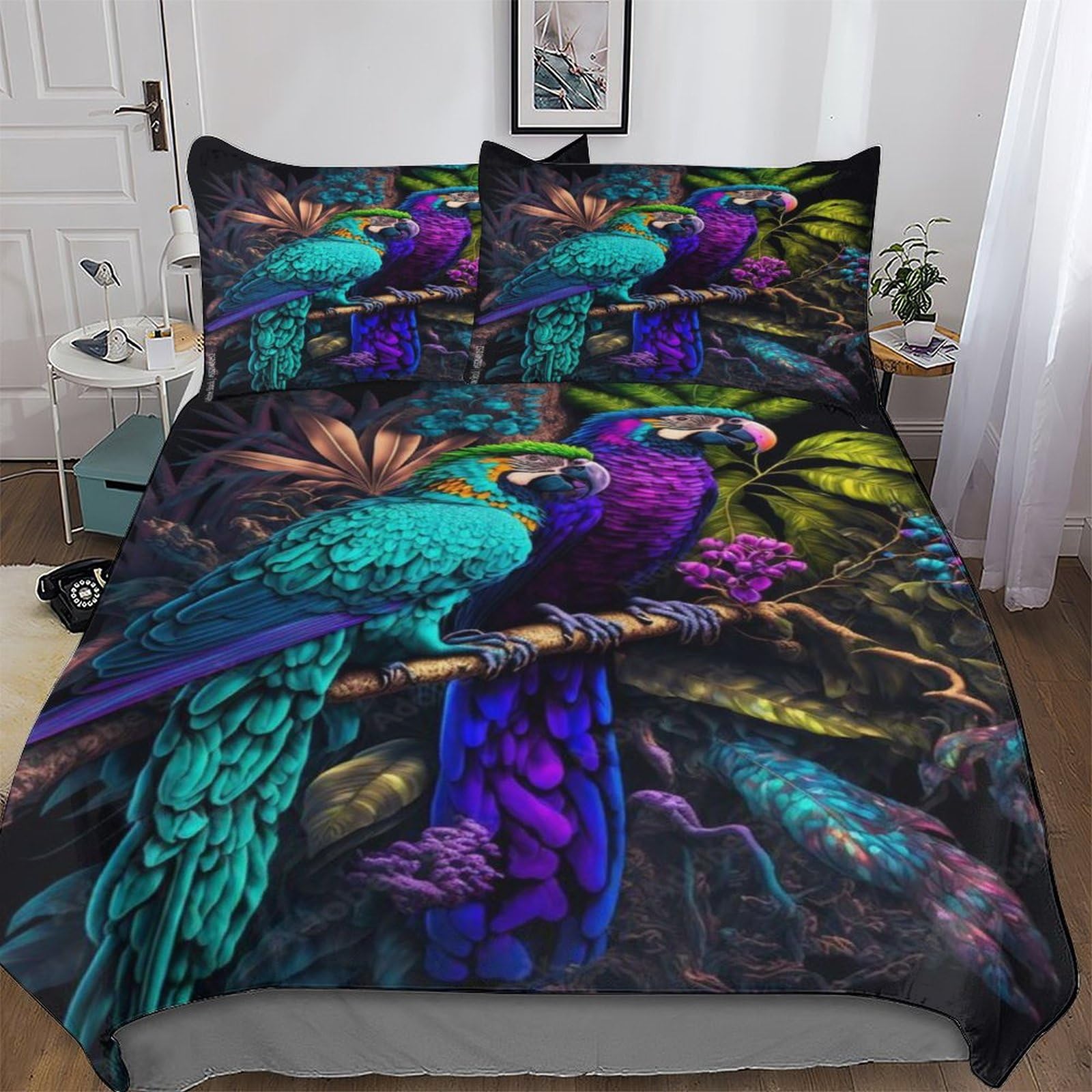 Housse de couette perroquet 3D 200x200 cm en microfibre avec taies d'oreiller