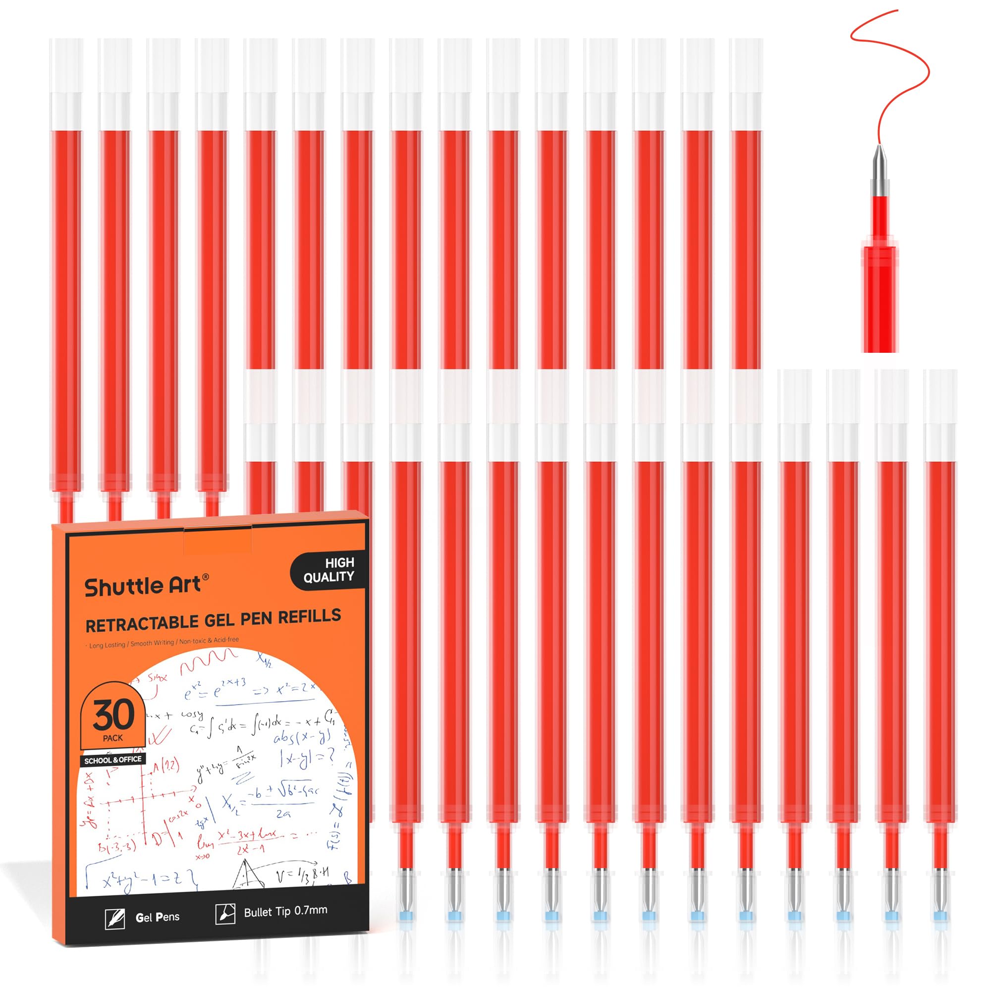 Shuttle Art Lot de 30 recharges de stylos à encre gel rétractables à encre gel rouge, pointe fine de 0,7 mm, pour écrire, journal, prendre des notes, école, bureau, maison