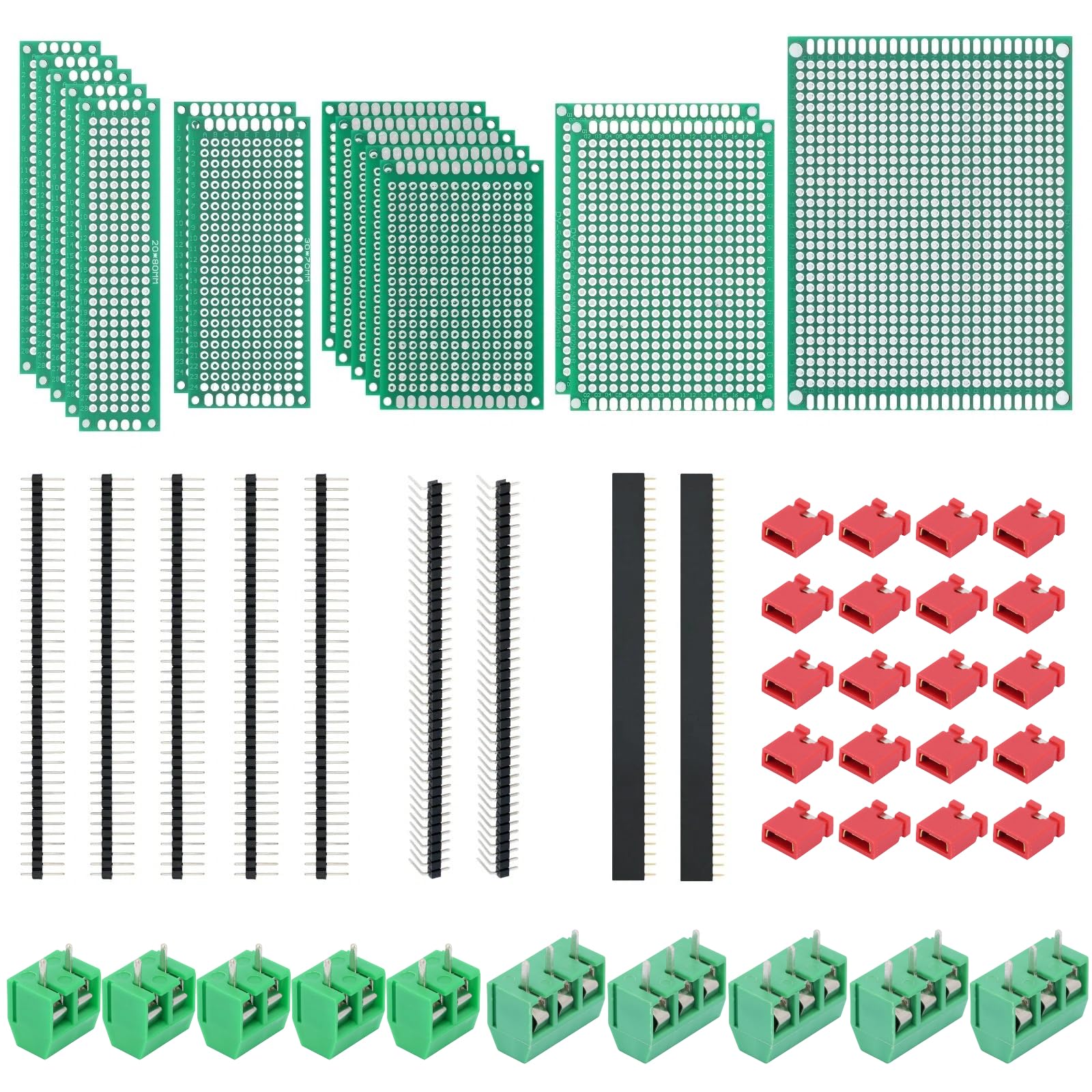 54-teiliges doppelseitiges Leiterplatten-Set in 5 Größen, Perfboard enthält 40-polige 2,54-mm-Steckverbinder für DIY-Lötkreise, Prototyping, kompatibel mit Arduino-Kits