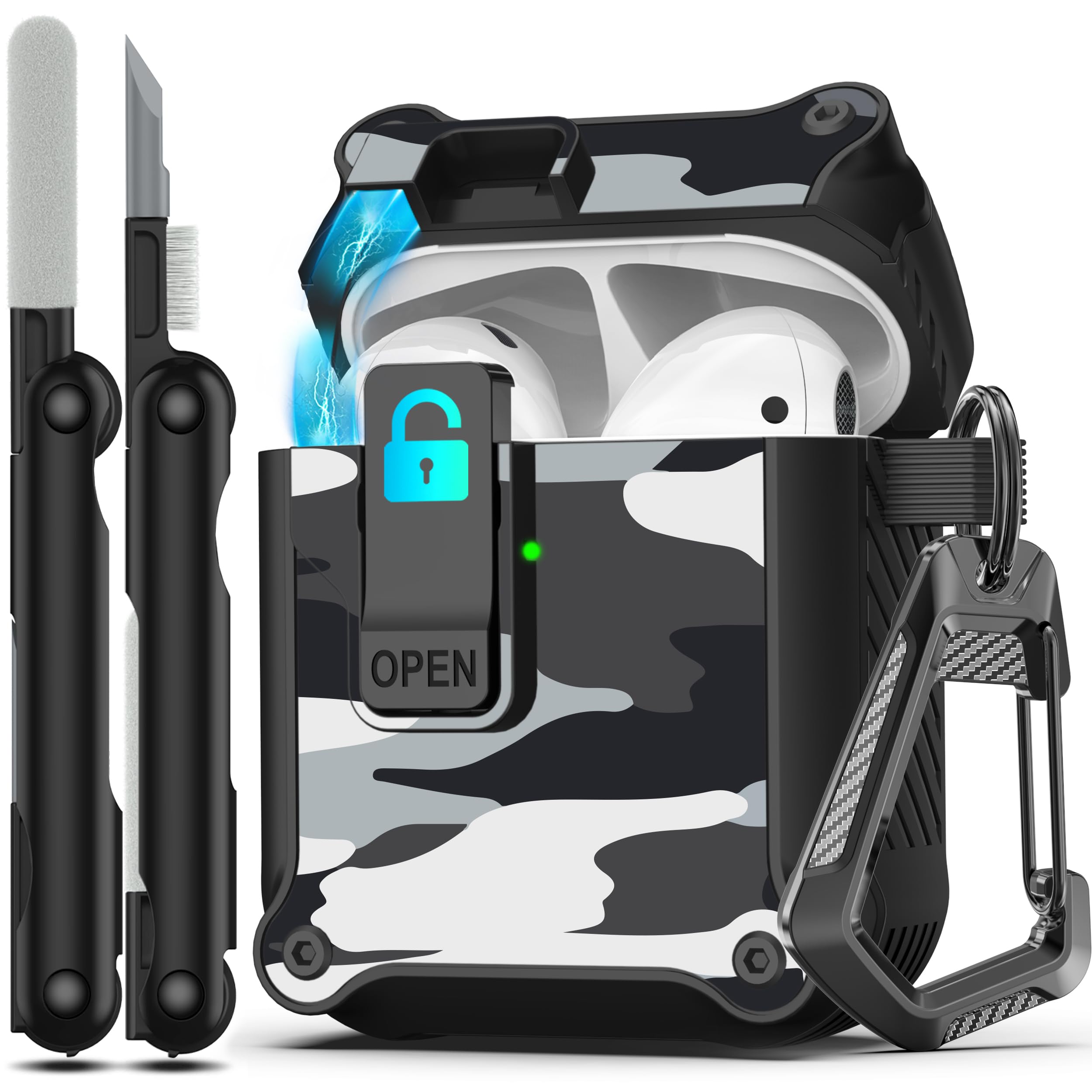 RFUNGUANGO for Airpods 2nd and 1st Generation Protective Cases Automatic Pop-up with Safety Lock Clip, Full Body Shockproof Hard Case with Keychain (