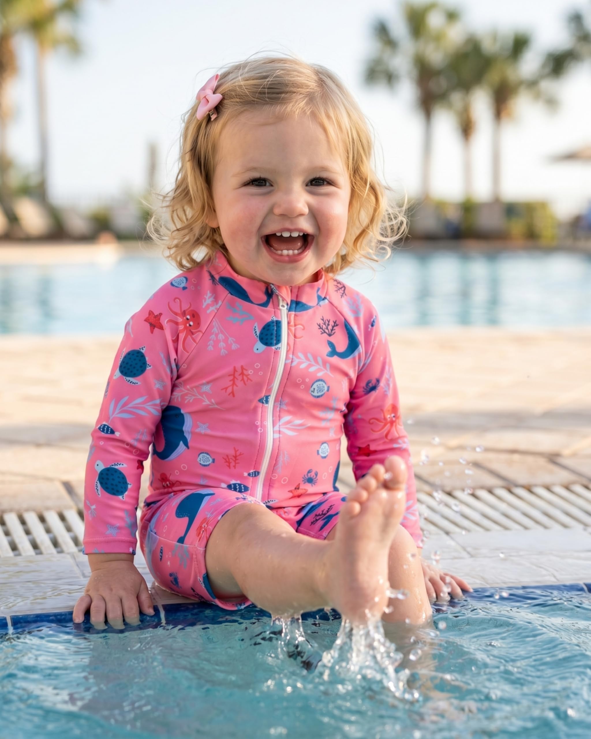 DivingBirds Costume da bagno intero per bambina, a maniche lunghe, con cerniera obliqua e cappuccio