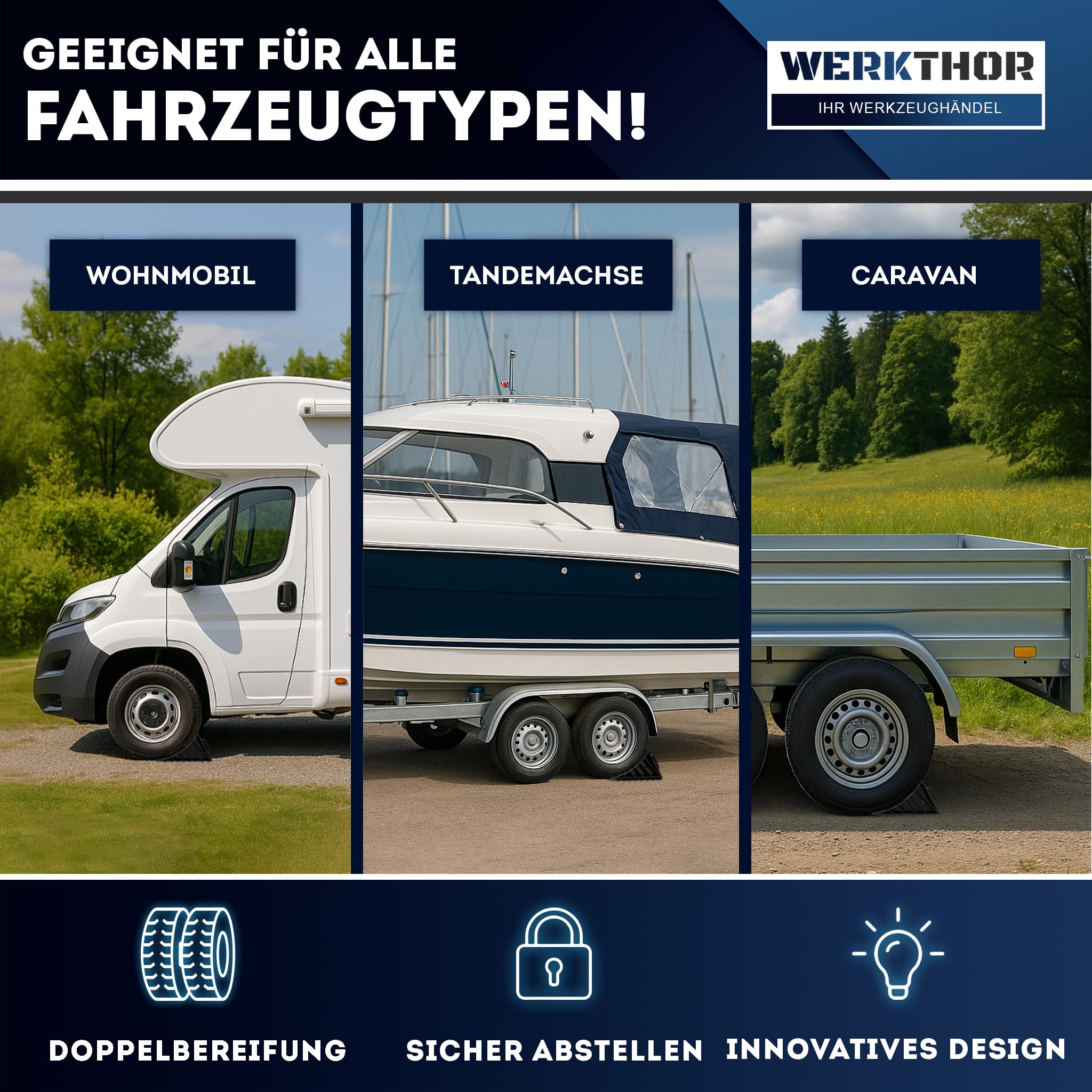 WERKTHOR Calzos de Rueda con Soporte [Juego de 2] y Material de Fijación - Calzos de Rueda para Remolques de hasta 1600kg de Carga por Eje - Cuñas Accesorios para Remolques de Coches