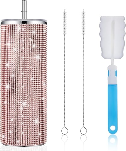 Miniatura 8 de Tessco Bling Cups - Vaso de diamantes de imitación con pajilla, botella de agua con purpurina, vaso con popote de acero inoxidable, vaso aislado con