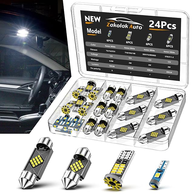 24PCS LED Interior Car Lights Extremely Bright 6500K White LED Bulb Kit Applicable to Dome Map Door Lights