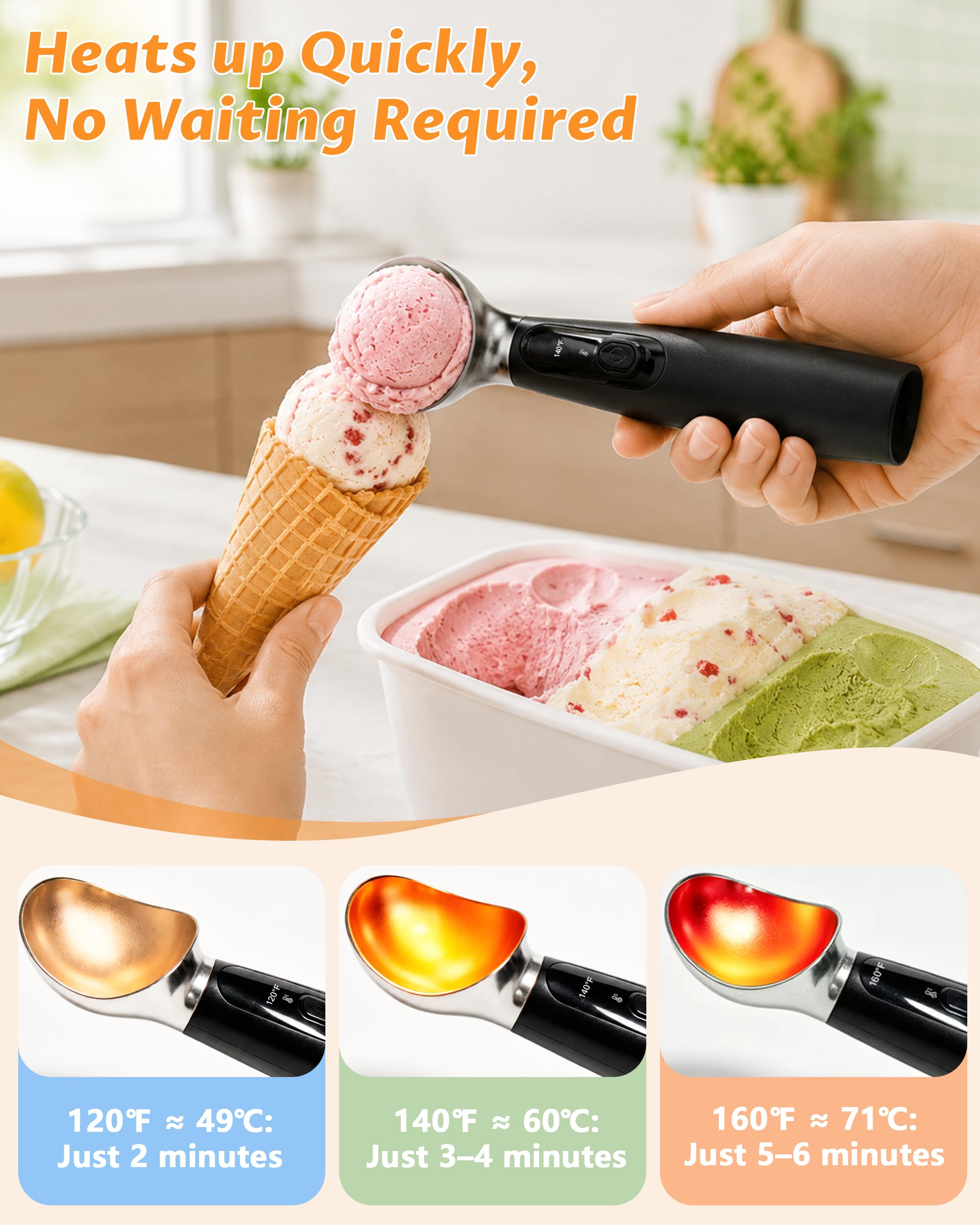 Cucchiaio Gelato Riscaldato, Paletta Gelato Riscaldante con 3 Livelli di Temperatura (49–71°C) e Supporto, Riscaldamento Rapido In 2-5 minuti, Gelato Perfetto Senza Attese, per Gelato Duro