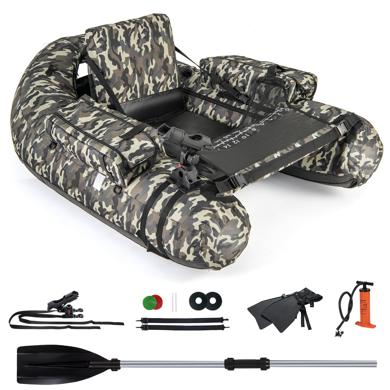 GYMAX Inflatable Fishing Float Tube, Fishing Boat with Adjustable Backpack Straps, Pump, Fish Ruler, Storage Pockets, Paddle, Rod Holder & Flippers, 150 KG Load Capacity (Camouflage, 143 x 112 x 70cm)