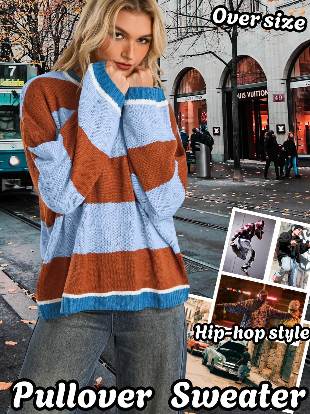 Striped Sweater Women,Color Block Oversized Sweaters,Cute Fall Knit Top Halloween Costume - Image 4