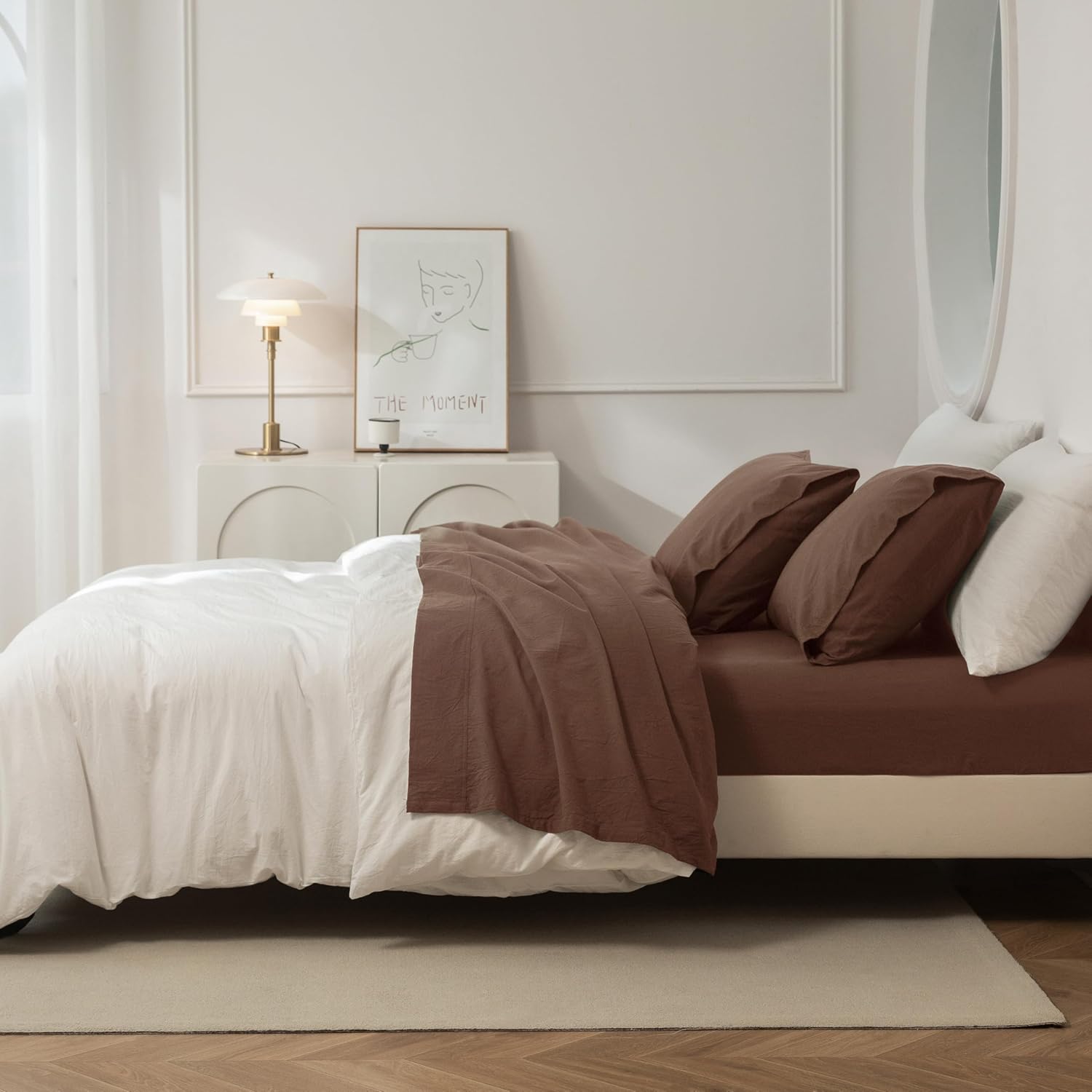 JIYUAN 100% Washed Cotton Fitted Sheet 1Piece, Deep Pocket Bottom Sheet Fits Mattress up to 17", Linen Like Comfy and Breathable for All Seasons, King Size, Chocolate Brown
