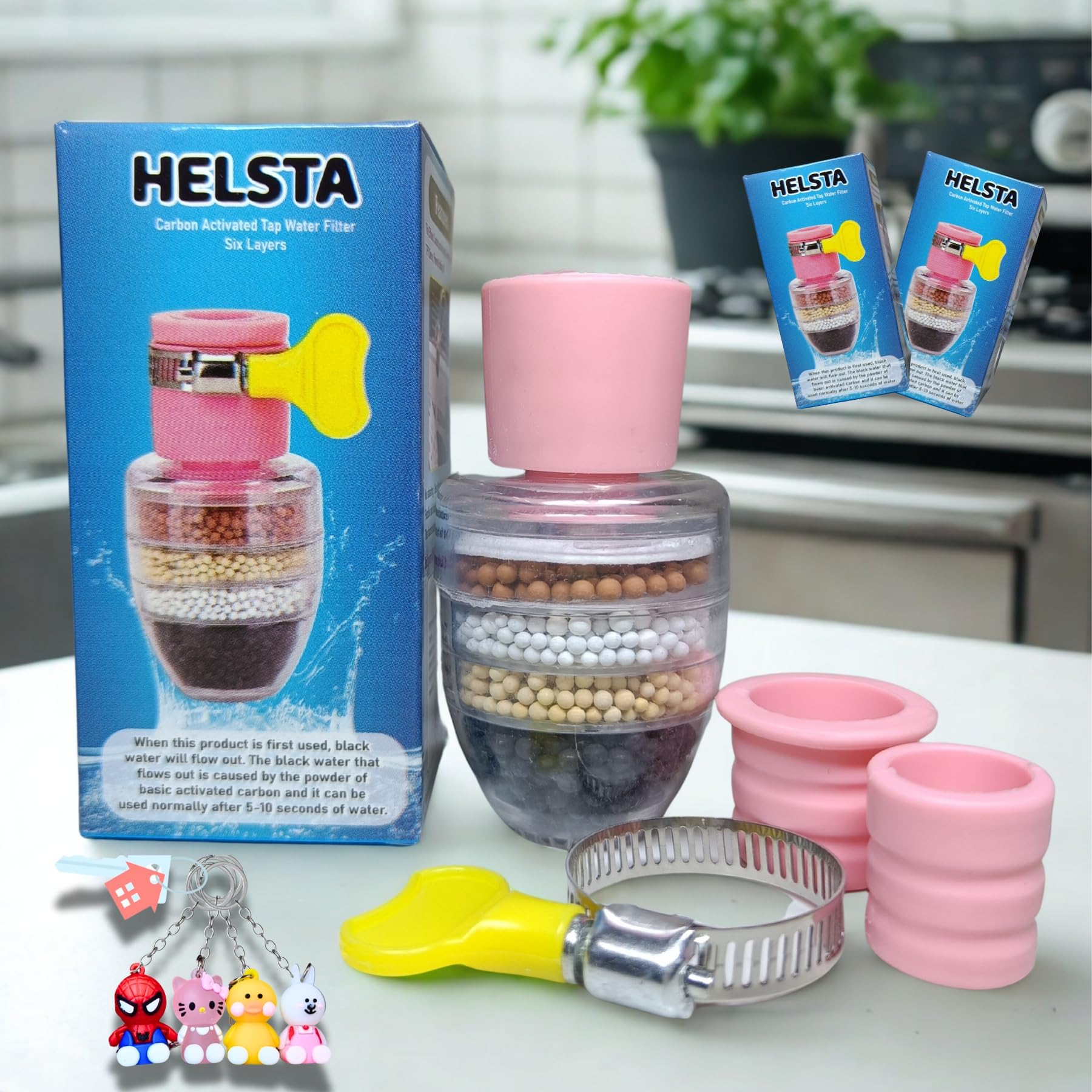 HELSTA® Pack of 2 Activated Carbon Multilayer Tap Water Filters Universal Adjustable Interface Five Layers Help to Remove Dust Particles from Your Tap Water with Keychain 1 Qty (Random Design)