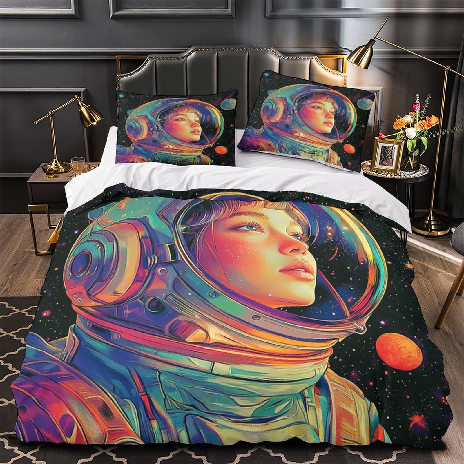 Housse de couette 3D imprimé astronaute anti-décoloration lit king size