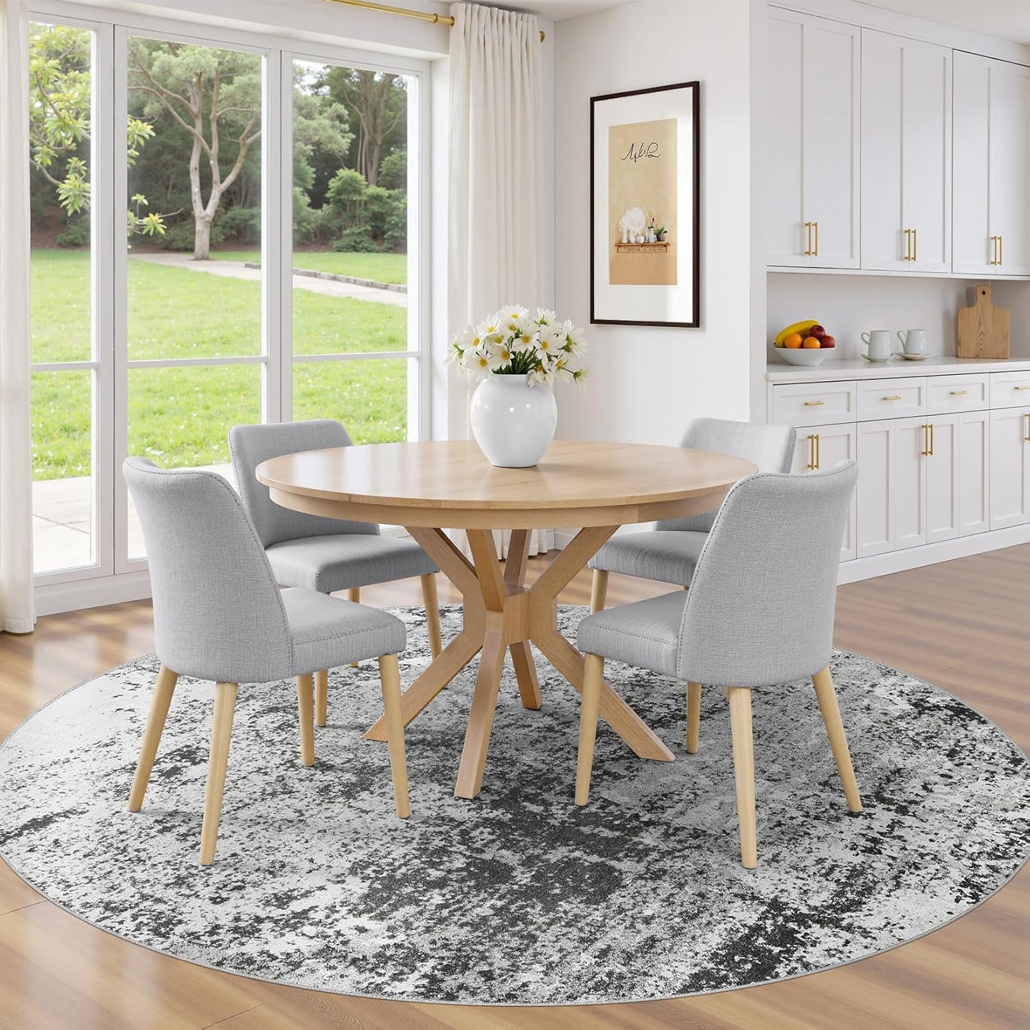 5ft Round Area Rug - 5X5 Abstract Washable Large Soft Foldable Non Slip Rug Neutral Modern Low Pile Carpet for Living Room Bedroom Nursery Dining Room Farmhouse Home Office Indoor - Grey