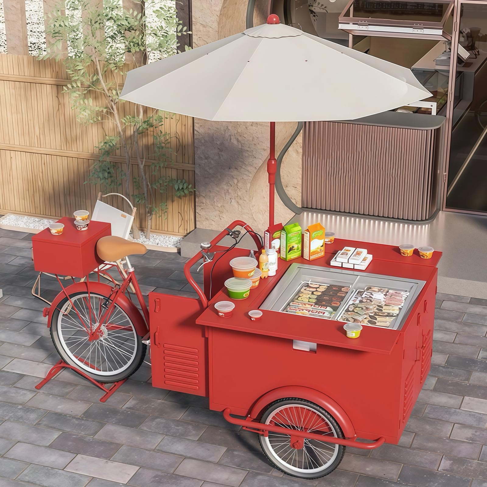 Mobiles Dreirad Food Truck Saft Vending Cart, Street Food Vending Dreirad mit Baldachin für Eis, Snacks und Getränke