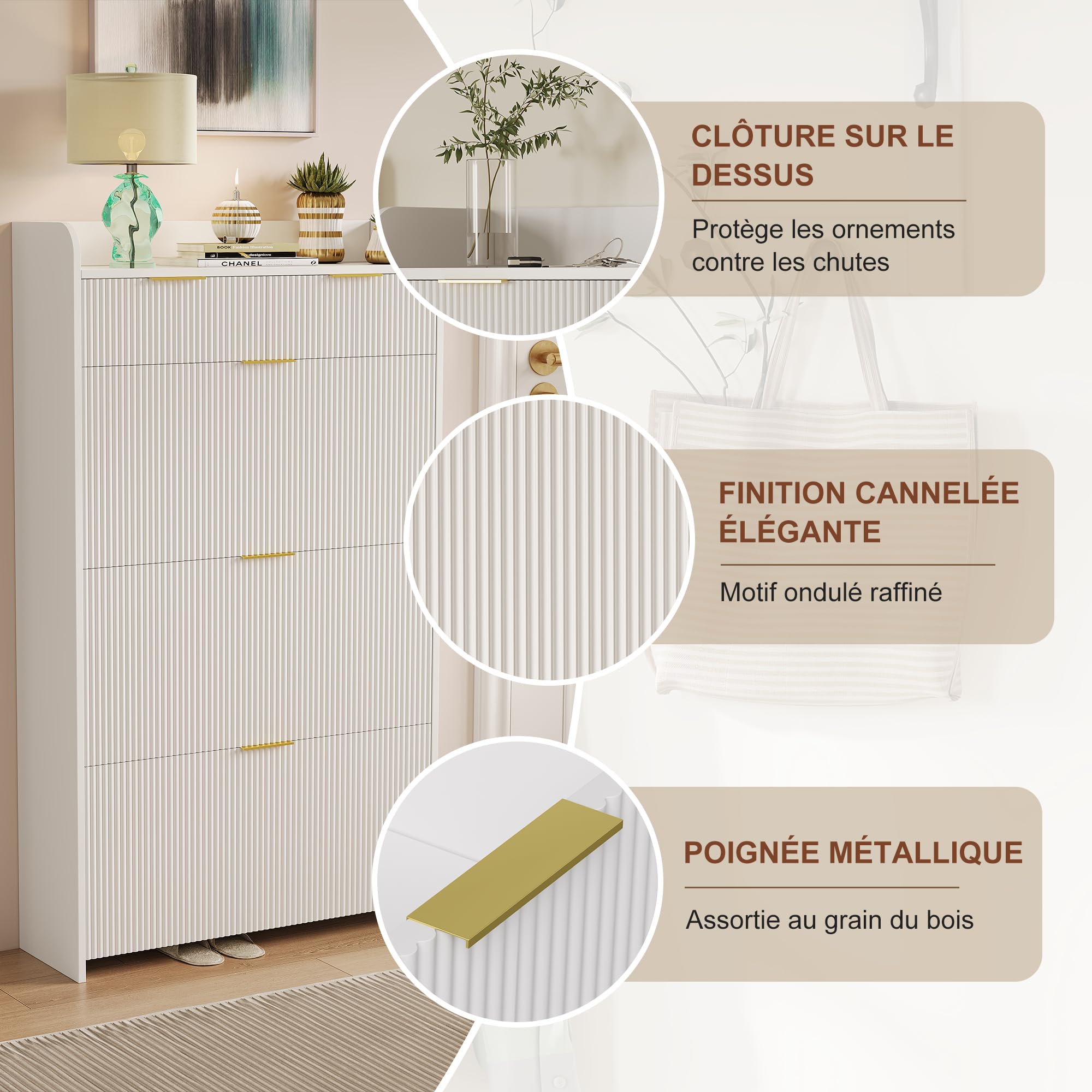 Armoire à Chaussures 15-20 Paires 3 Tiroirs Cloison Réglable 77x24x133.5 cm Blanc